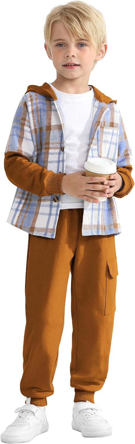 2Pcs Boys Clothes Sweatsuit Set Hoodie Flannel Plaid Shirt and Jogger Pants for Kids Fall Winter Spring Outfits image 4