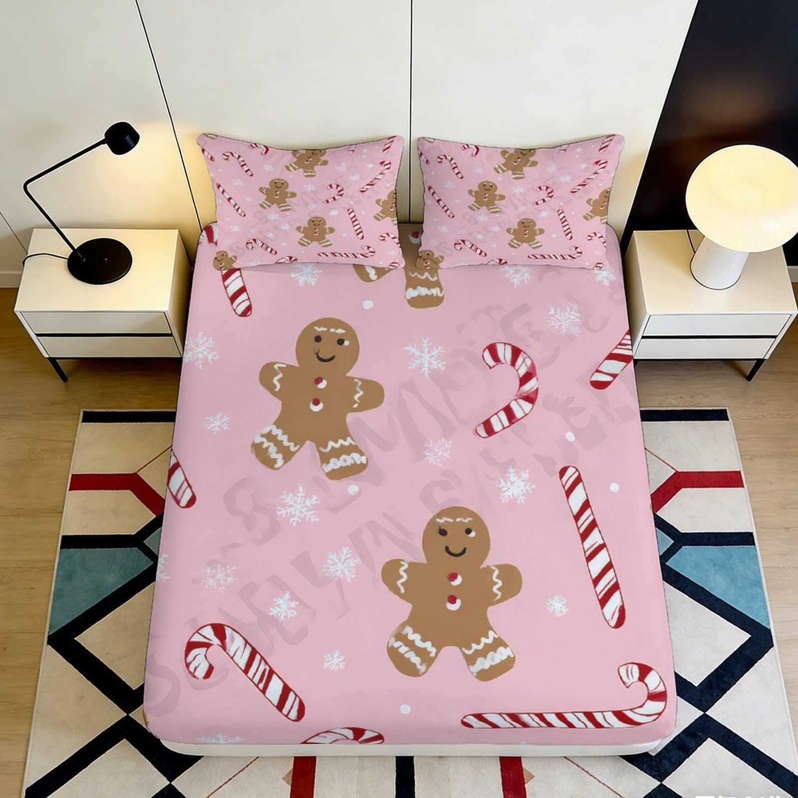 3D Printed Pink Gingerbread Man Fitted Sheet Microfiber Soft Breathable Candy Cane Bed Sheet for Bedroom Dormitory Guest Room Mattress Protection Decor 160x200x25cm
