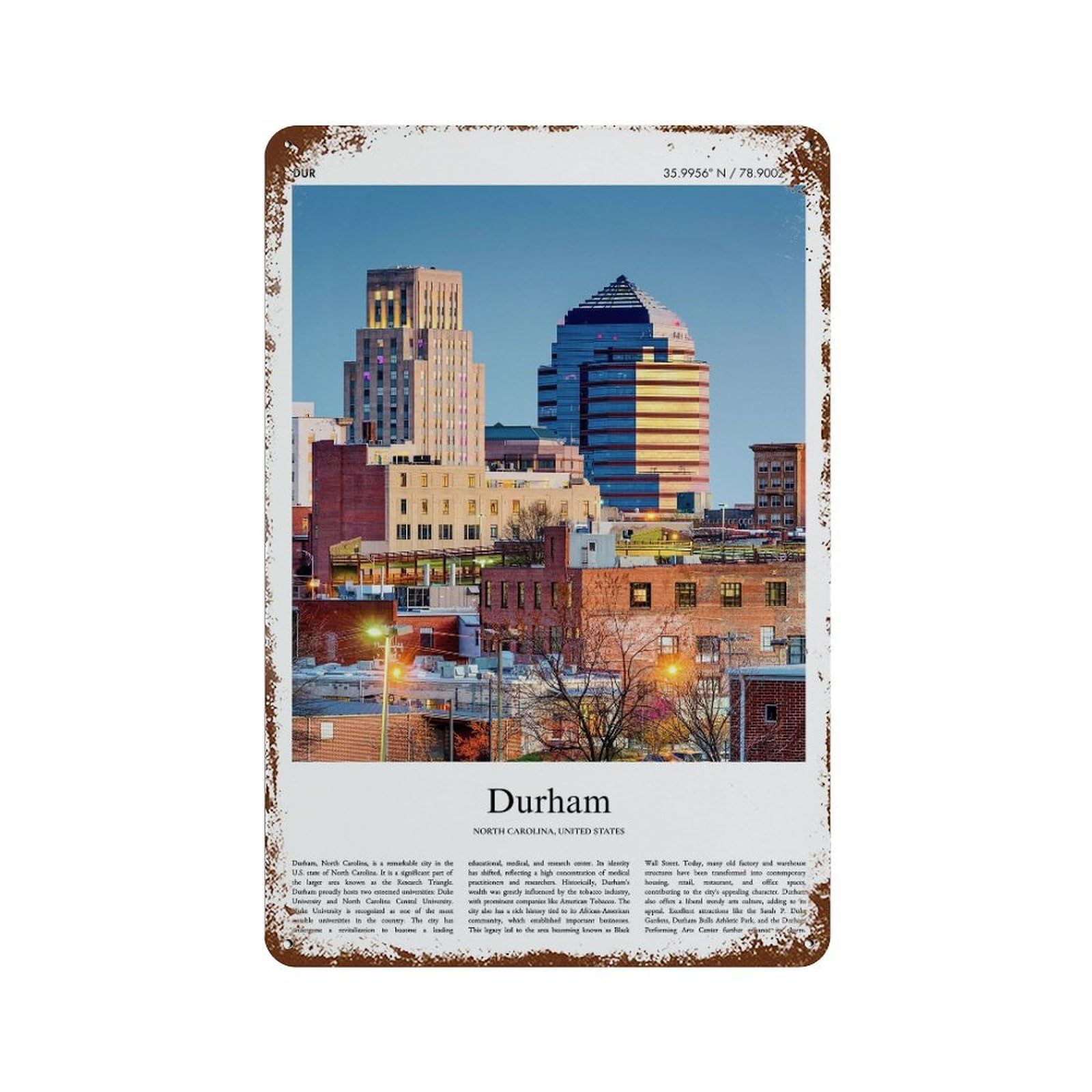 xiaoxiaoshen Durham North Carolina, United States, USA City Scenery Wall Decor Art Metal Tin Poster Modern Home Decor Art Home Bar Shop Decorations Vintage Sign 30x20cm