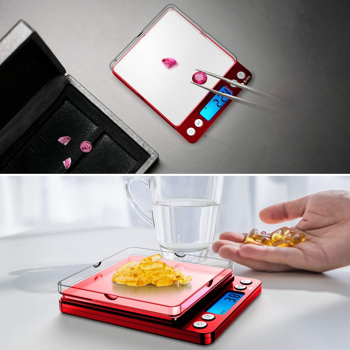 Two images showing the AMIR Digital Kitchen Scale being used to weigh small items like jewelry and medicine capsules