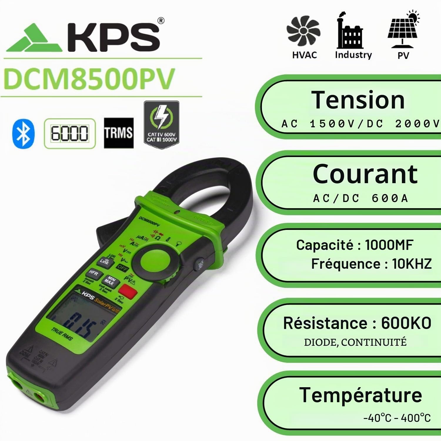 KPS 784694 Pinza Amperometrica Bluetooth, DCM8500PV Verde