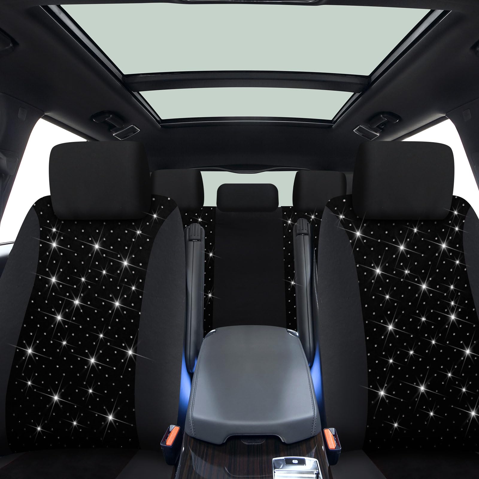 Ensemble complet de housses de siège de voiture brillantes en velours respirant pour femme - En maille noire - Ajustement universel pour la plupart des berlines, SUV, camions, monospaces, airbags