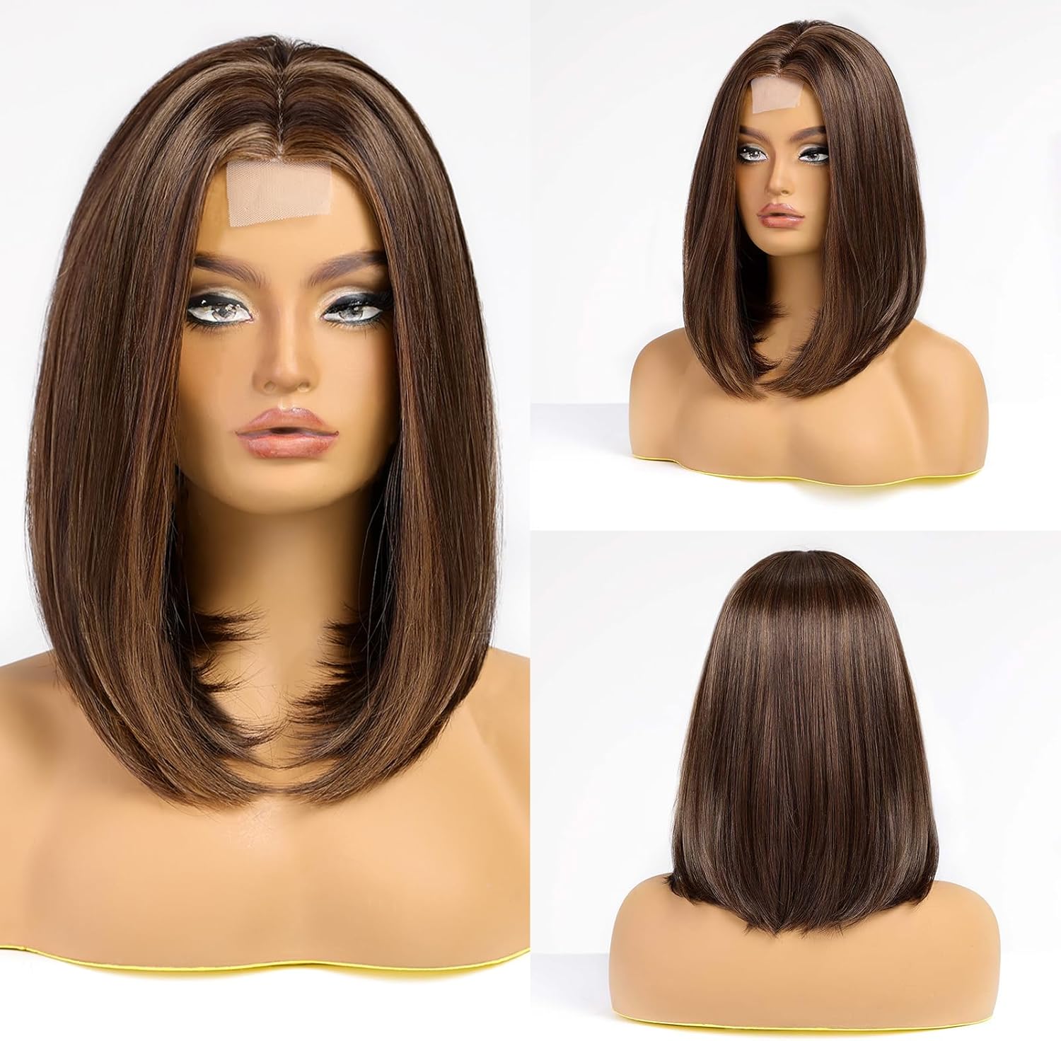 HAIRCUBE Short Wigs for Women,Brown Bob Wig Shoulder Length Synthetic Wig Heat Resistant Hair 16 Inches(Brown Mixed Blonde)