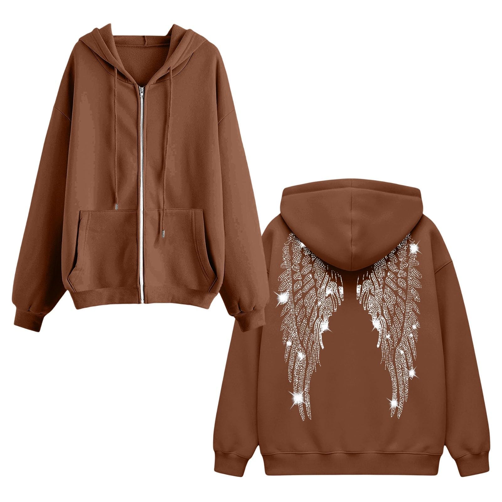 Hoodie Damen Reißverschluss Oversized Strass Flügel Motiv Taschen