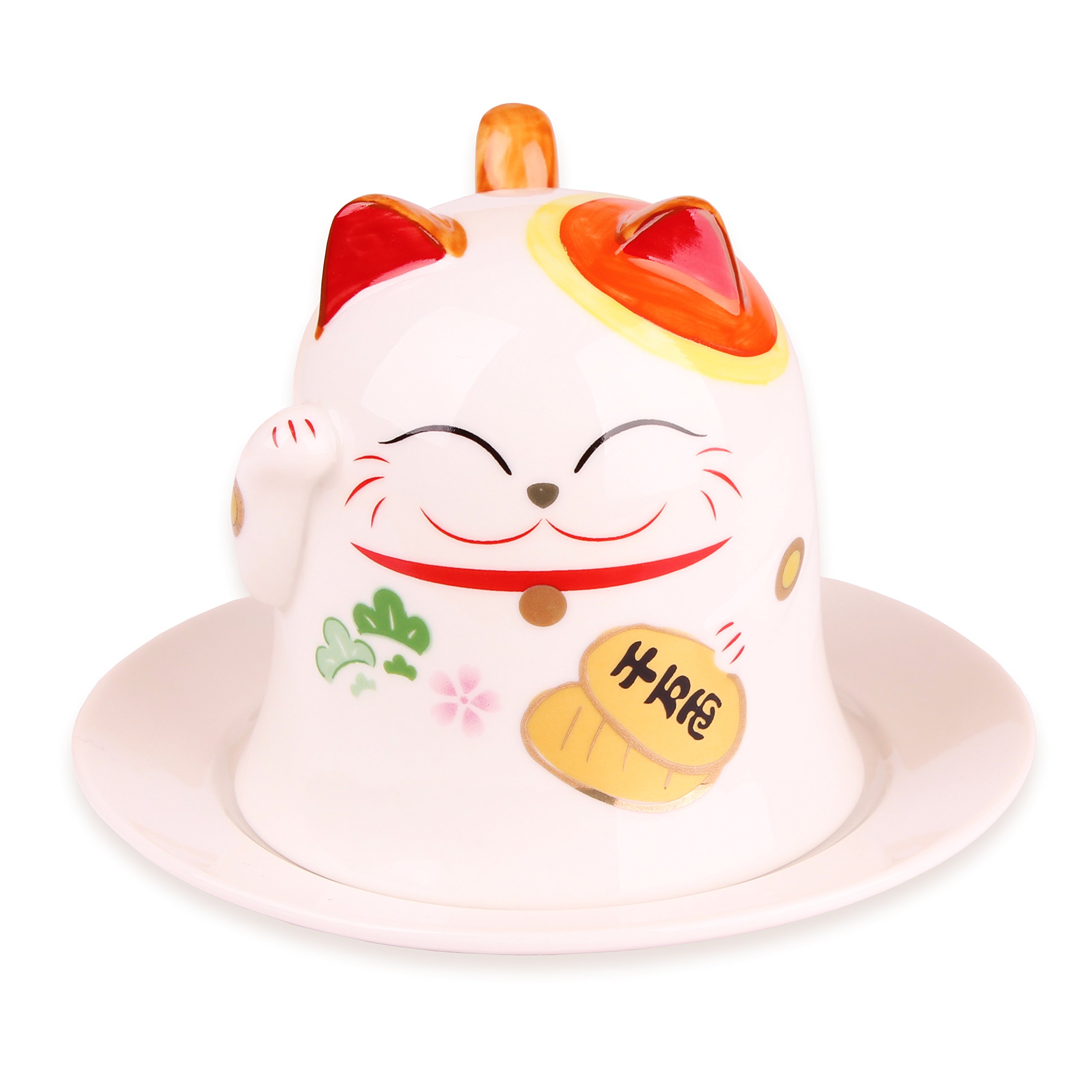 Goodwei Orange Maneki Neko Japanese Lucky Cat Mug With Saucer (Orange)