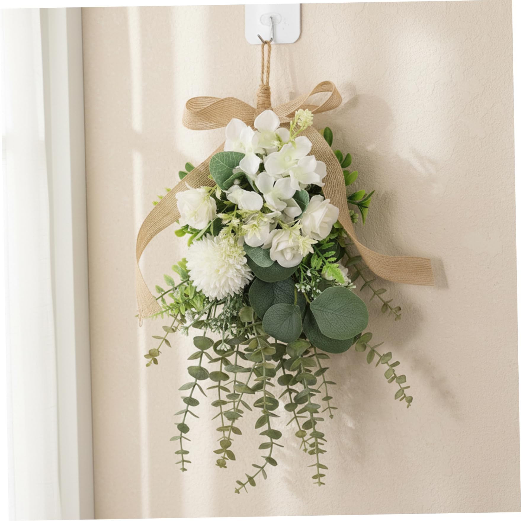 Teardrop Wreath, Large Floral Swag - Artificial White Eucalyptus and Chrysanthemum Hanging Bouquet for Front Door, Wall, and Wedding Decor, Indoor Outdoor