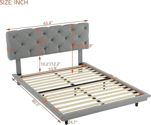 Miniatura 70 de Base de cama flotante tamaño Queen con luces LED y carga USB, marco de cama LED de plataforma tapizada moderna, no necesita somier (blanco-1)