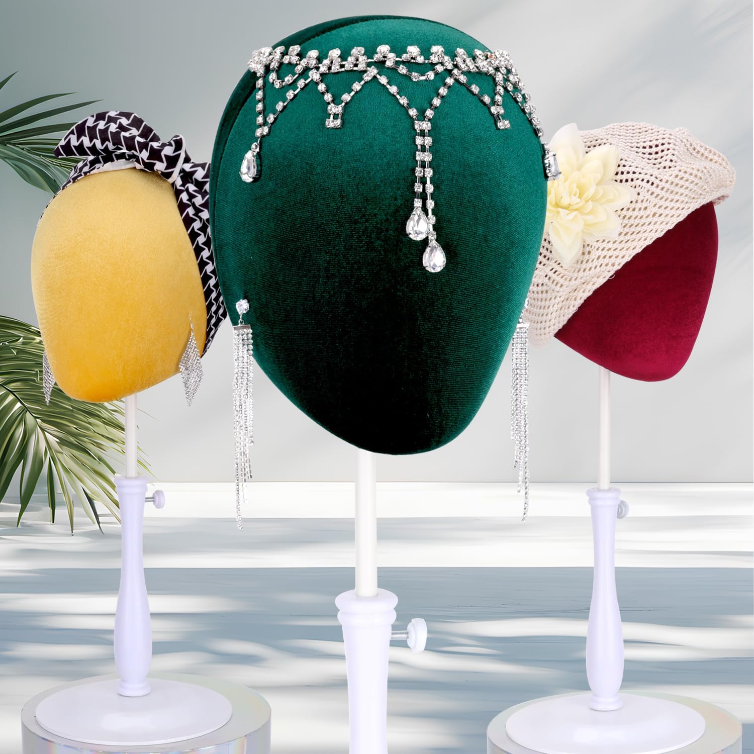 Velvet Wig Head Stand for Hat and Wig Display, Adjustable Mannequin Head Stand with Retractable Metal Base for Styling and Display (Velvet dark green)
