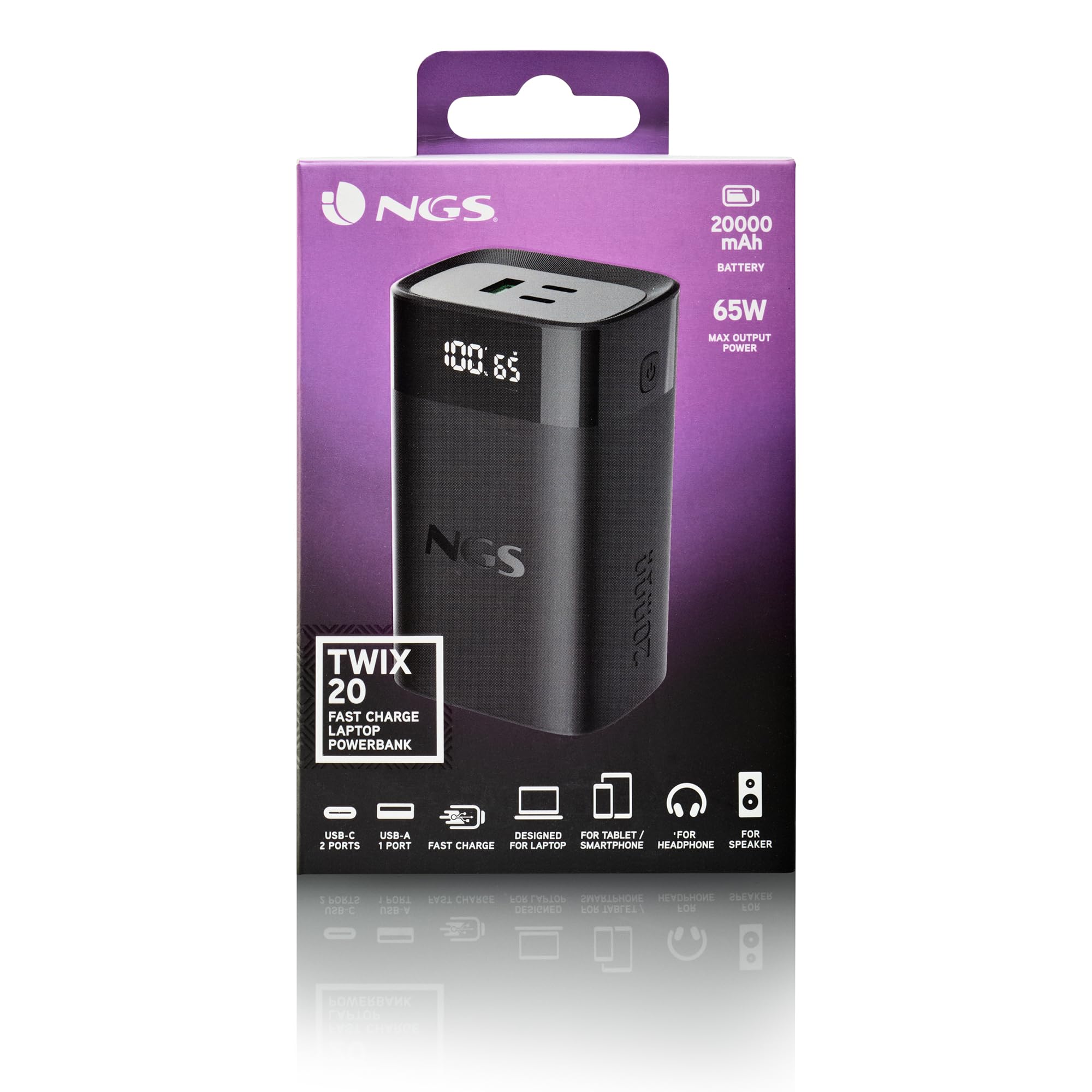 NGS Twix 20 - Batería Portátil 20000mAh, 65W Carga Rápida, USB-C 20W y USB-A QC 22,5W, Pantalla LED Precisa, Compacta y Ligera, Compatible con iPhone, Samsung, Xiaomi, Huawei, Laptop