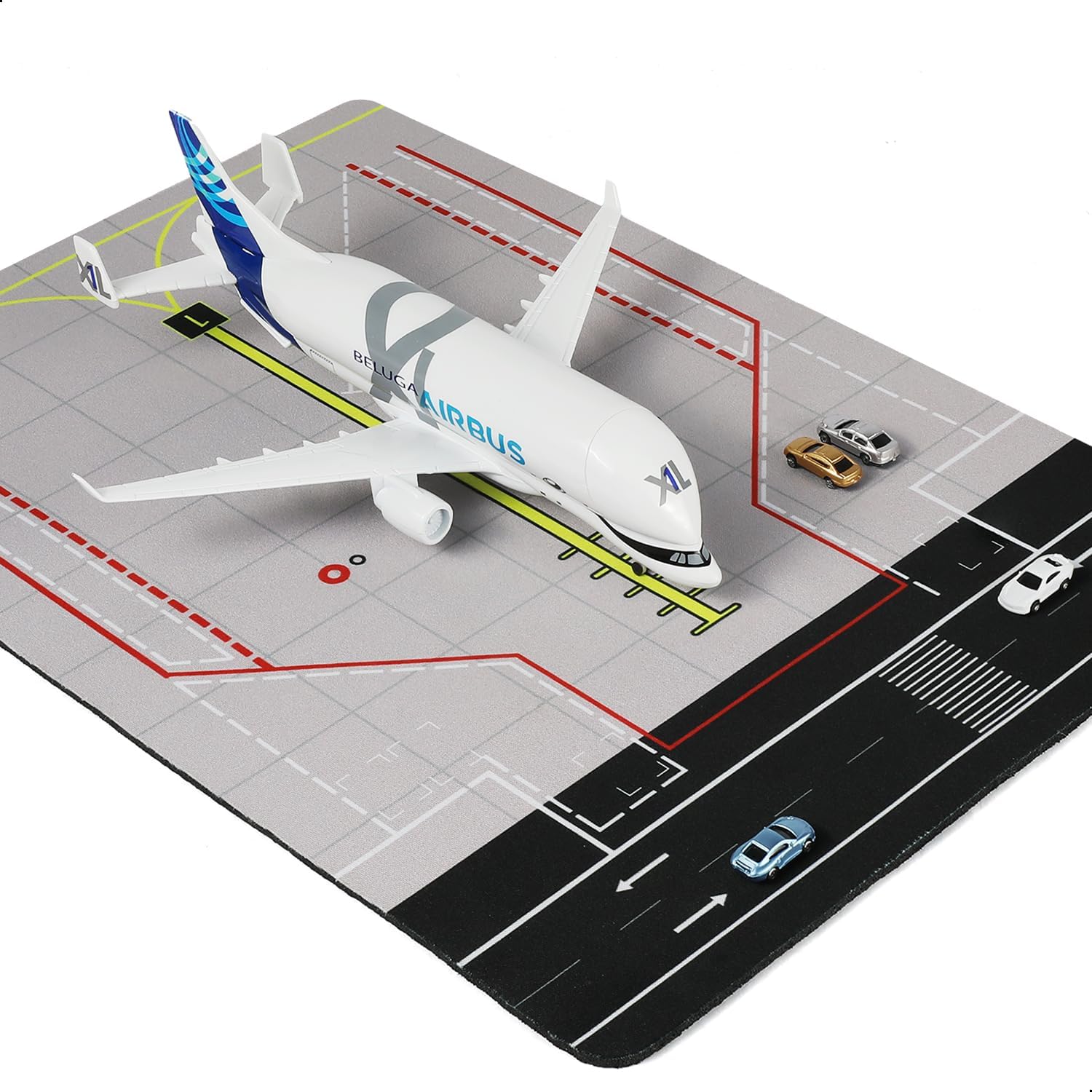1/300 Compatible for Beluga XL Airplane Model Airport Set, Airbus A330 Diecast Metal Airplane Model with Stand, Rubber Mat, 1/200 Mini Car Model x5 for Display Decoration (Mat: 25×35 cm)