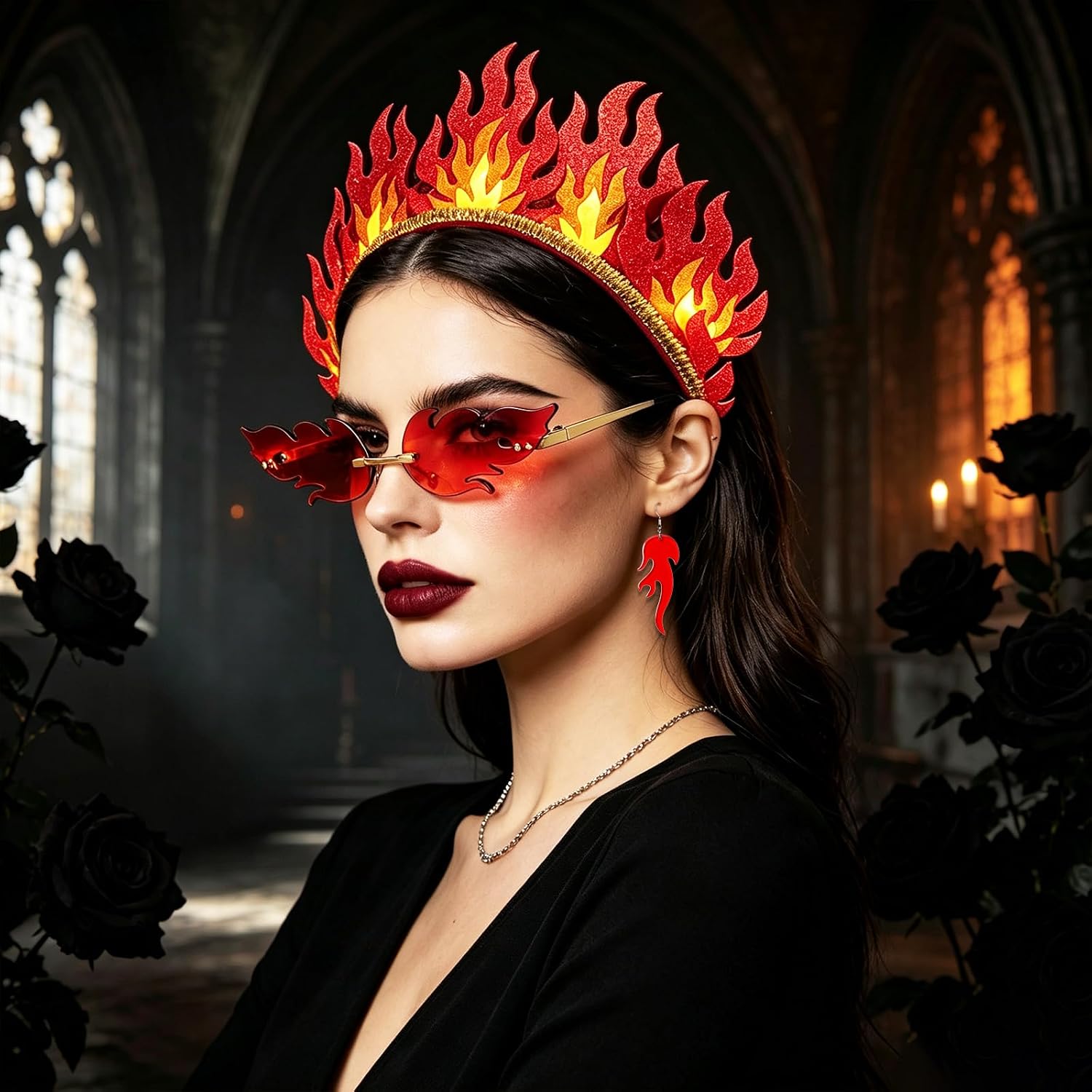 coadipress Fire Jewelry Set for Women Handmade Flame Headband Rimeless Glasses Sunglasses Retro Wave Frameless Eyewear Halloween Costume Accessories image 2