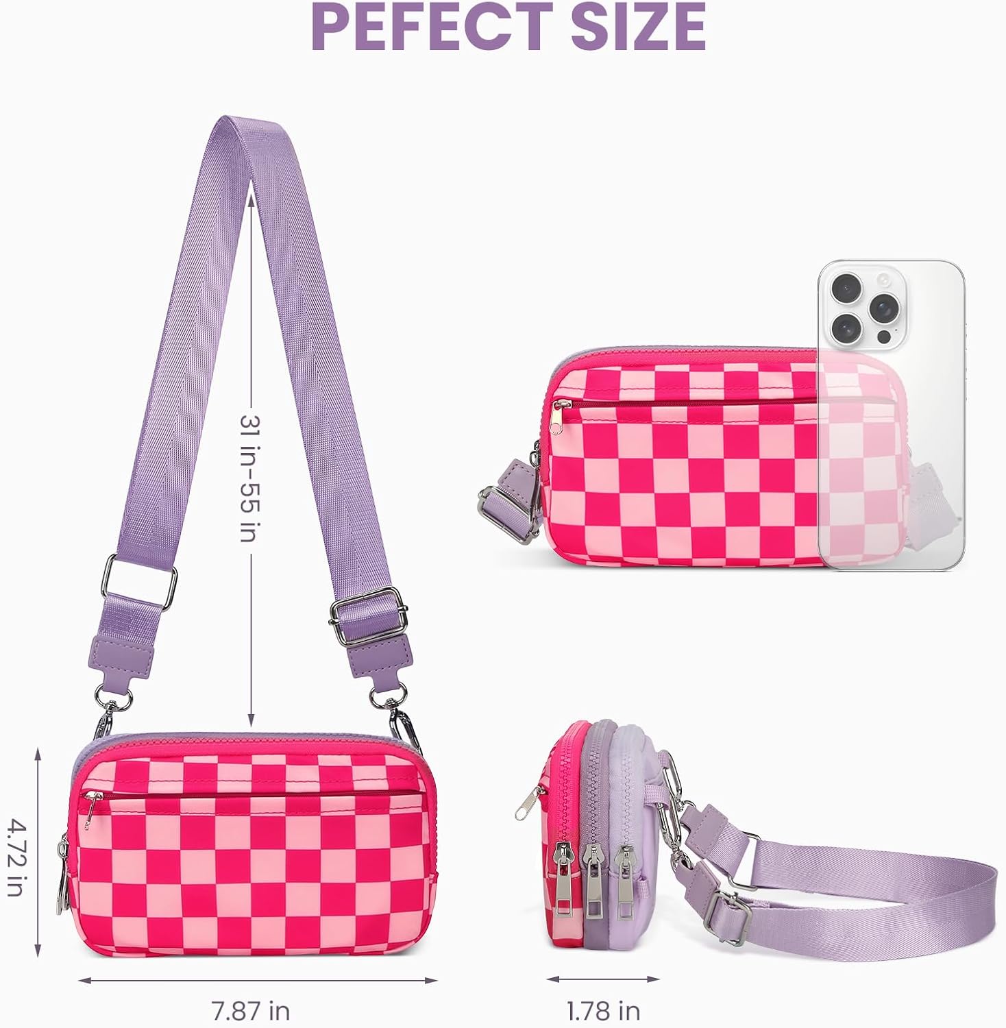 Checkered Wristlet Wallet for Women Tri-tone Cute Nylon Wristlet Purse with 5 zippers and ID Window Credit Card Holder - Image 7