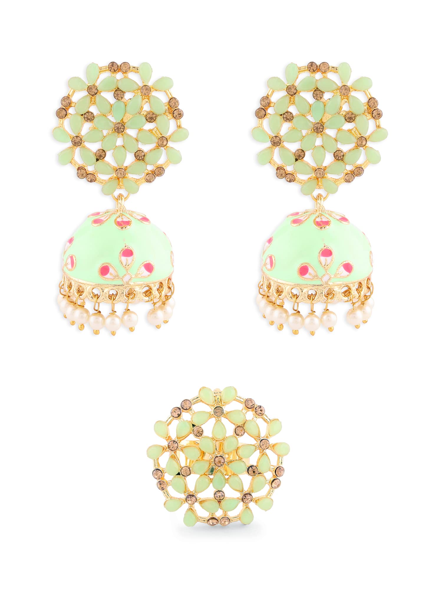 ZAVERI PEARLS Green & Pink Meenakari Ethnic Jhumki Earring & Ring Set For Women-ZPFK14371 (B0B6HXJ9RK) Amazon Price History, Amazon Price Tracker