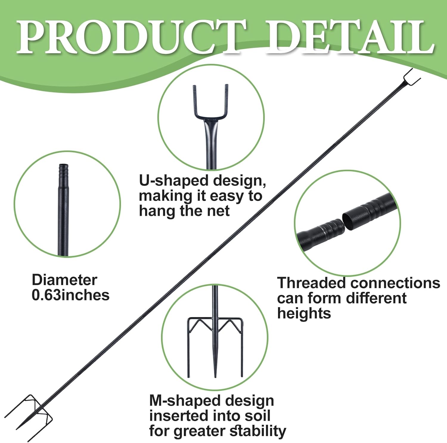 4 Pack 7.2ft Metal Garden Netting Support Stakes, Heavy Duty Garden Netting Pole with 50 Tie Rustproof Gardening Fence Stake Crop Cage Protection Post Frame for Support Fruits Garden Bed Plant Net