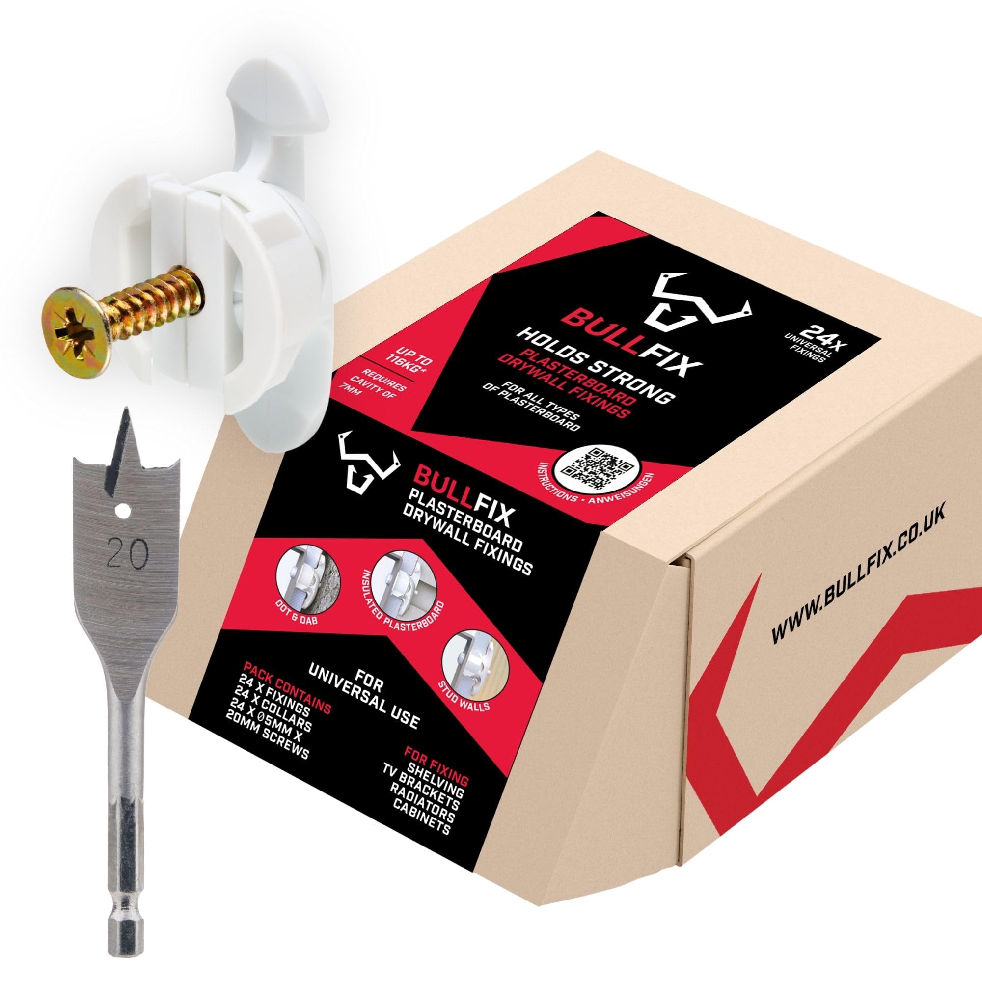 Bullfix Universal Drywall Anchors, Holds up to 255lbs, Hollow Wall Fixings for Drywall Heavy Duty Set, Kit with Screws & 13/16” Drill Bit Included, Dry Wall Anchors and Screws Kit - 24 Pack