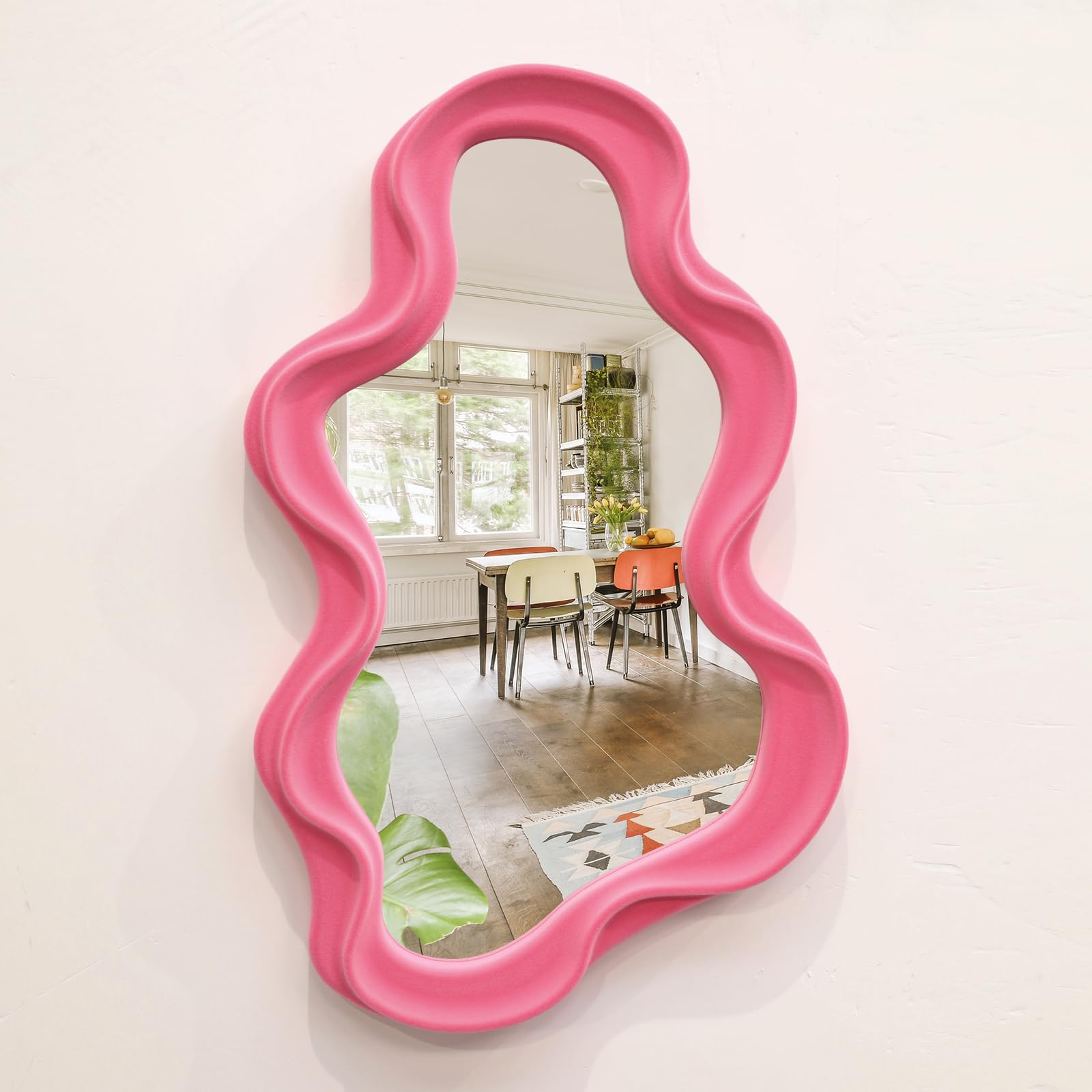 TEIPAI Wavy Mirror Wall Decor for Living Room, Asymmetrical Wall Mounted Mirror for Girly Bedroom Decoration, Velvet Touch Decorative Tray Home Accent for Dining Room Kitchen (Pink)