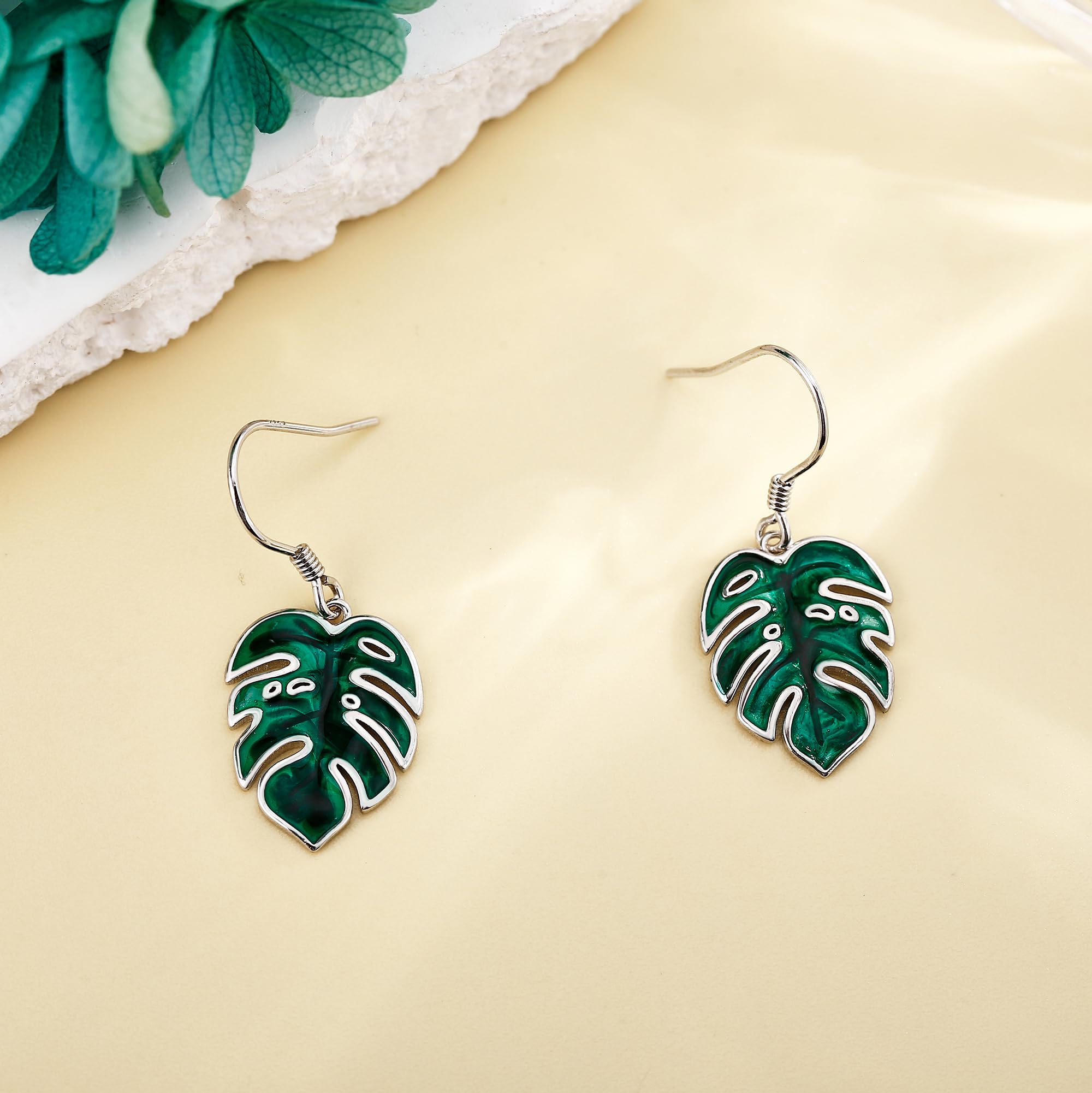 Blätter Ohrhänger S925 Sterling Silber Palmenblätter Hängend Ohrringe Grüne Monstera Blätter Tropische Pflanze Schmuck Geschenk für Damen