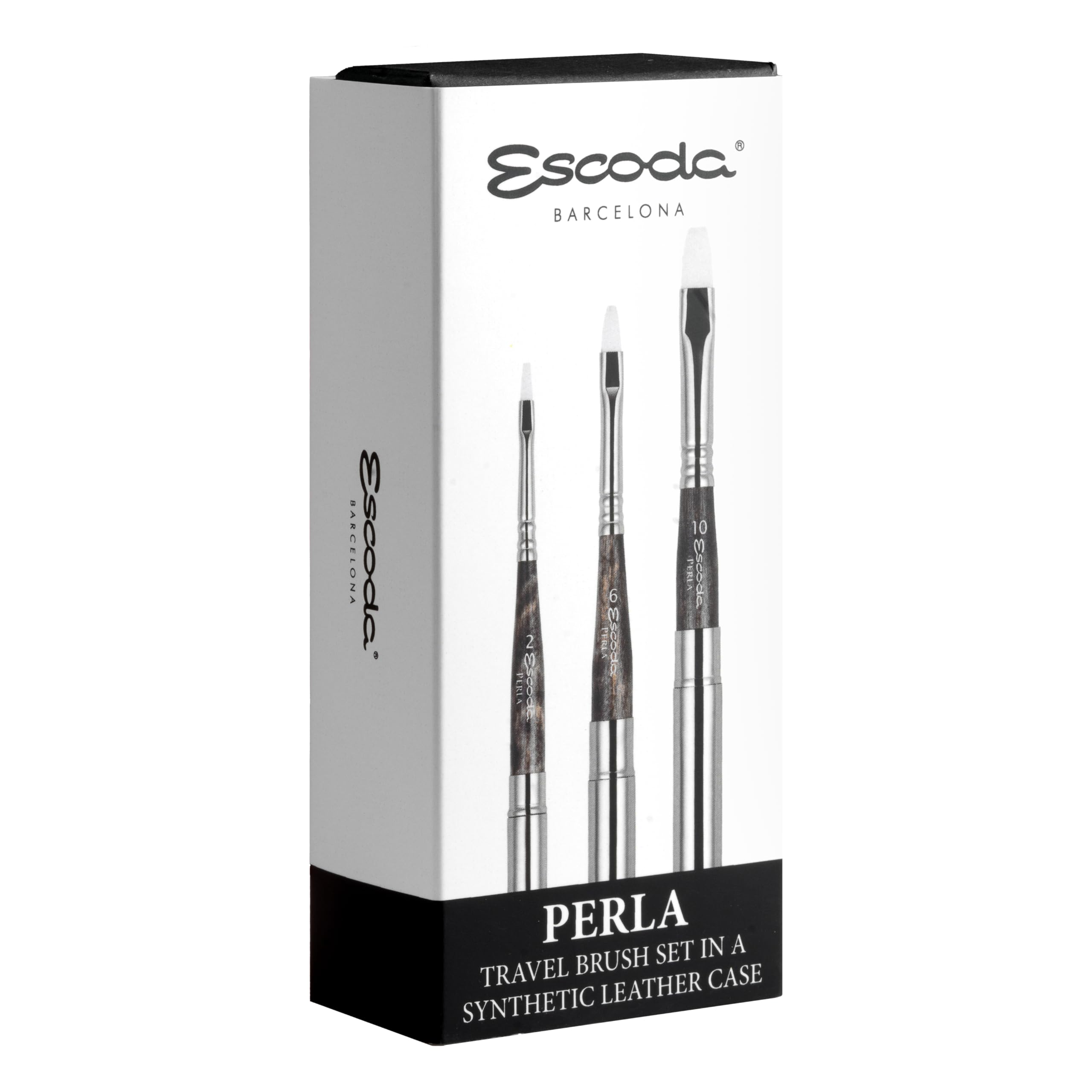 Escoda Perla Series - Set di pennelli da viaggio professionali per acquerelli, con portafoglio in pelle sintetica, 3 pennelli da viaggio luminosi, fibra sintetica bianca Toray