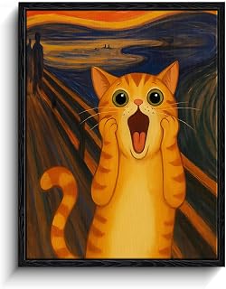 Framed Funny Orange Tabby Cat Wall Art, Cartoon Cat Inspired by The Scream Expressionist Textured Art Print, Eclectic Posters for Room, Bedroom Living Room Bathroom Wall Decor, 8 x 10 Inches