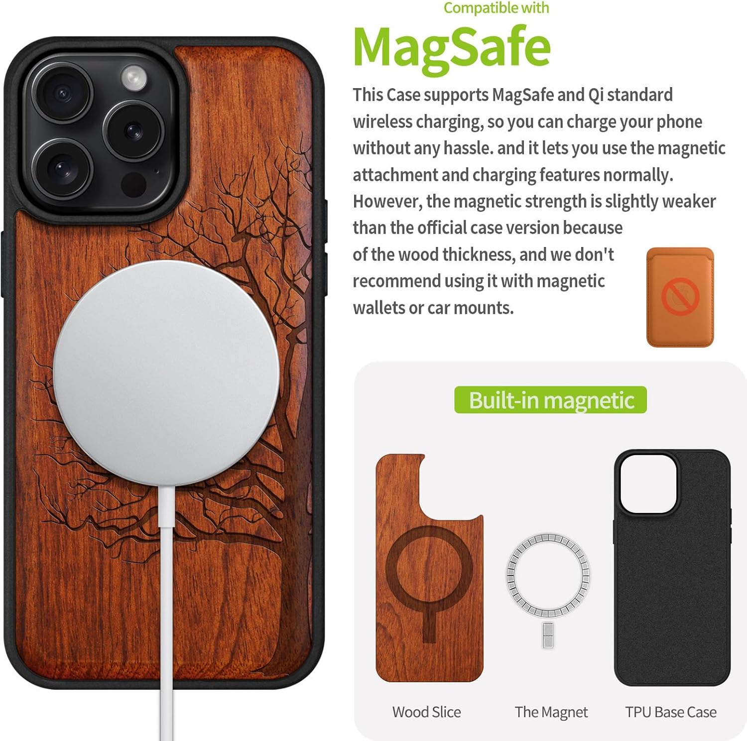 Carveit Magnetic Wooden Case for iPhone 16 Pro Max Case, Wood Artisan Engraved & Black Soft TPU Shockproof Cover, Compatible with MagSafe Wireless Chargers (Eternal Tree) Rosy