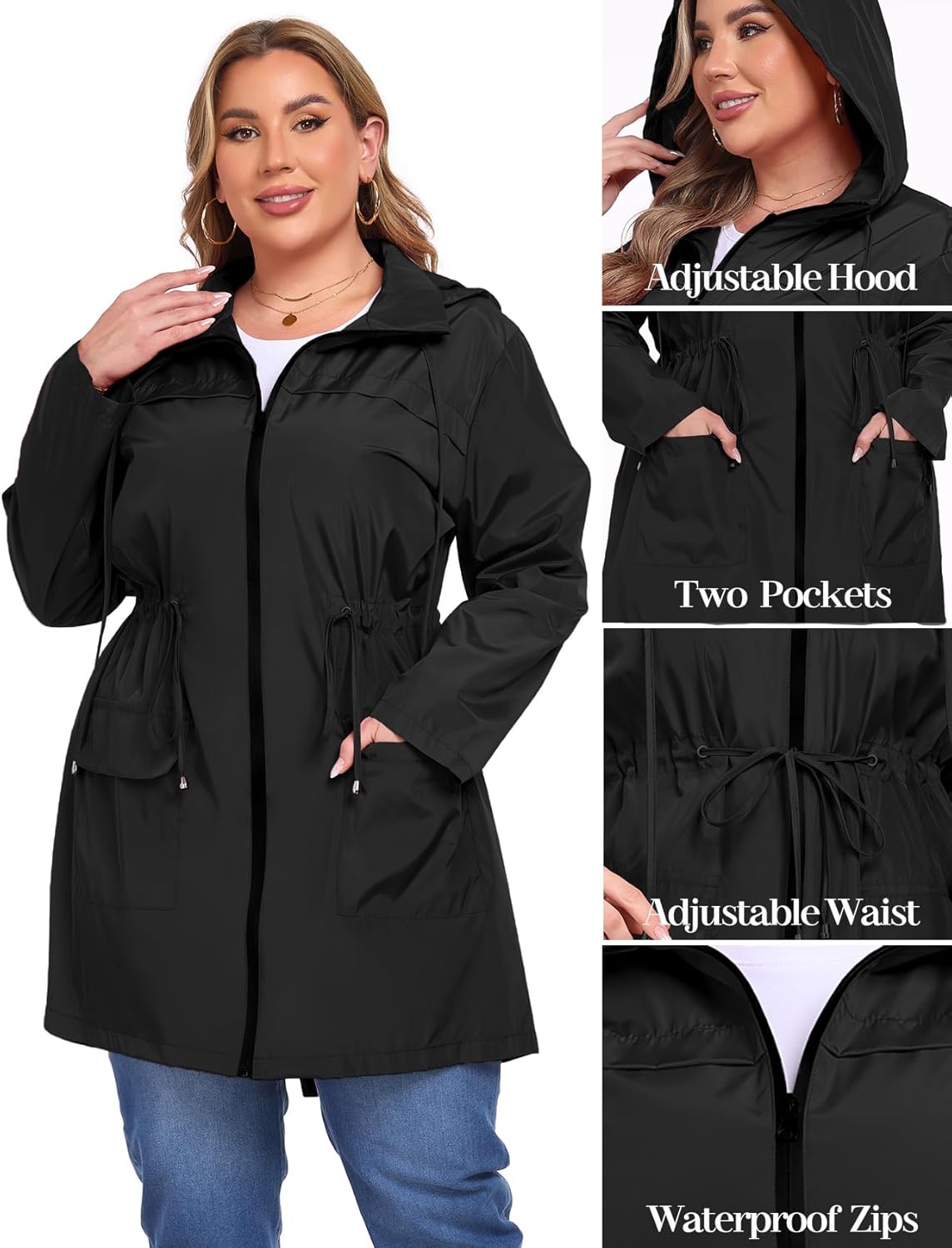 ZOMVA 2025 Plus Size 1X-5X Rain Jacket Coat Long Lightweight Raincoat with Hood Windbreaker Waterproof Jackets with Pockets - Image 6