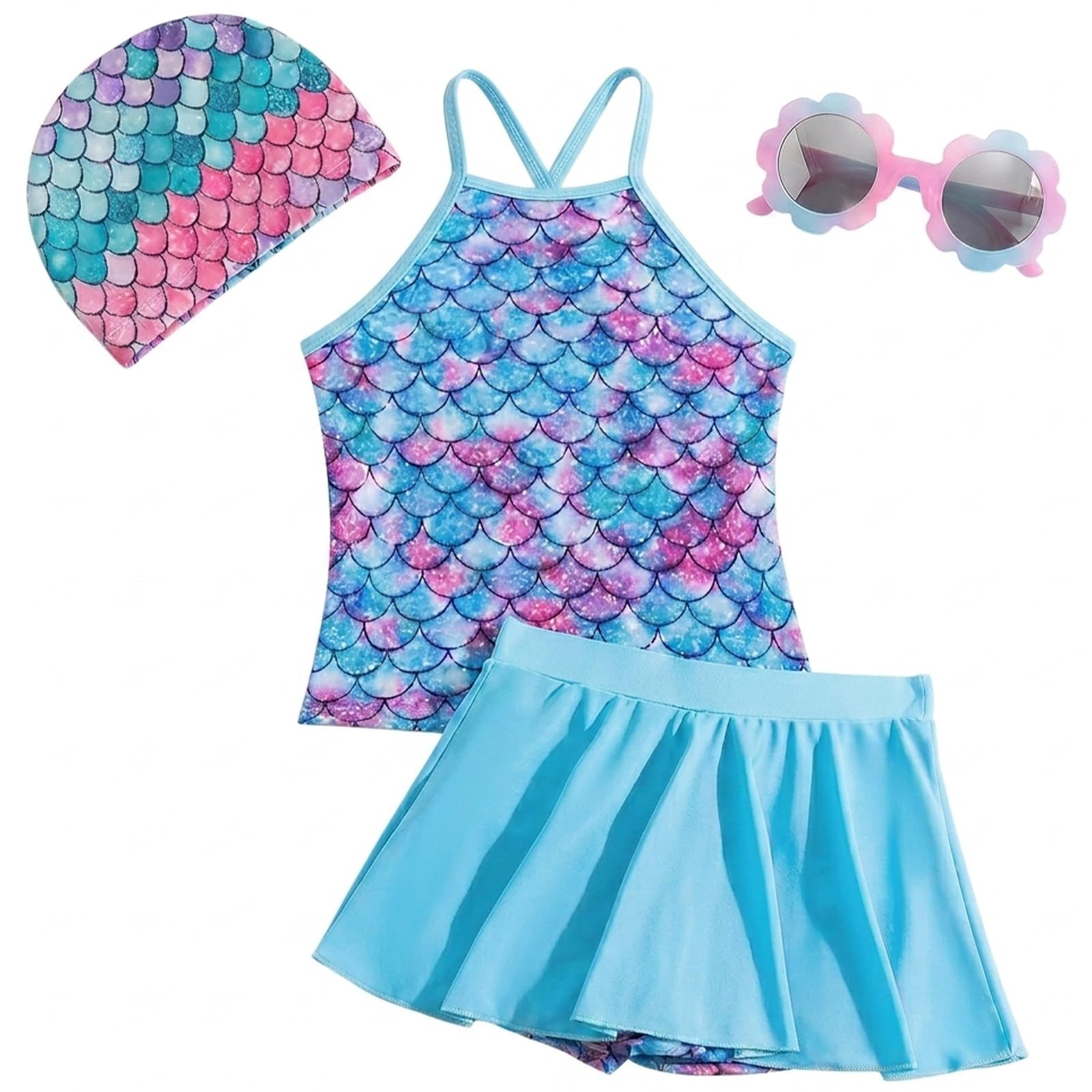 Costume da Bagno Bimba Tankini 4 Pezzi, Set Due Pezzi Design a Scaglie di Pesce con Gonna Pantaloncino, Cuffia e Occhialini, Outfit Estivo Vacanze Tema Oceano 5-6 Anni, Regalo di Compleanno