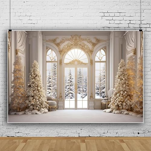 Leowefowa Fondo de vinilo de 10 x 8 pies para fotografía de ventana de invierno, pino, bosque de nieve, copo de nieve de Navidad, fondo de ventana