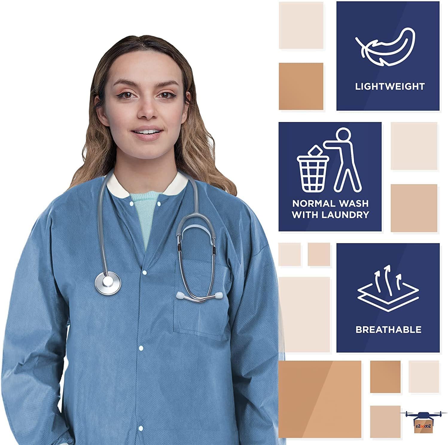 EZGOODZ Disposable Lab Jackets, Ceil Blue X-Large 32 Inches Long SMS 50 GSM Hip Length Lab Jackets with Snap Front, Knit Cuffs and Collar, 3 Pockets, Pack of 10