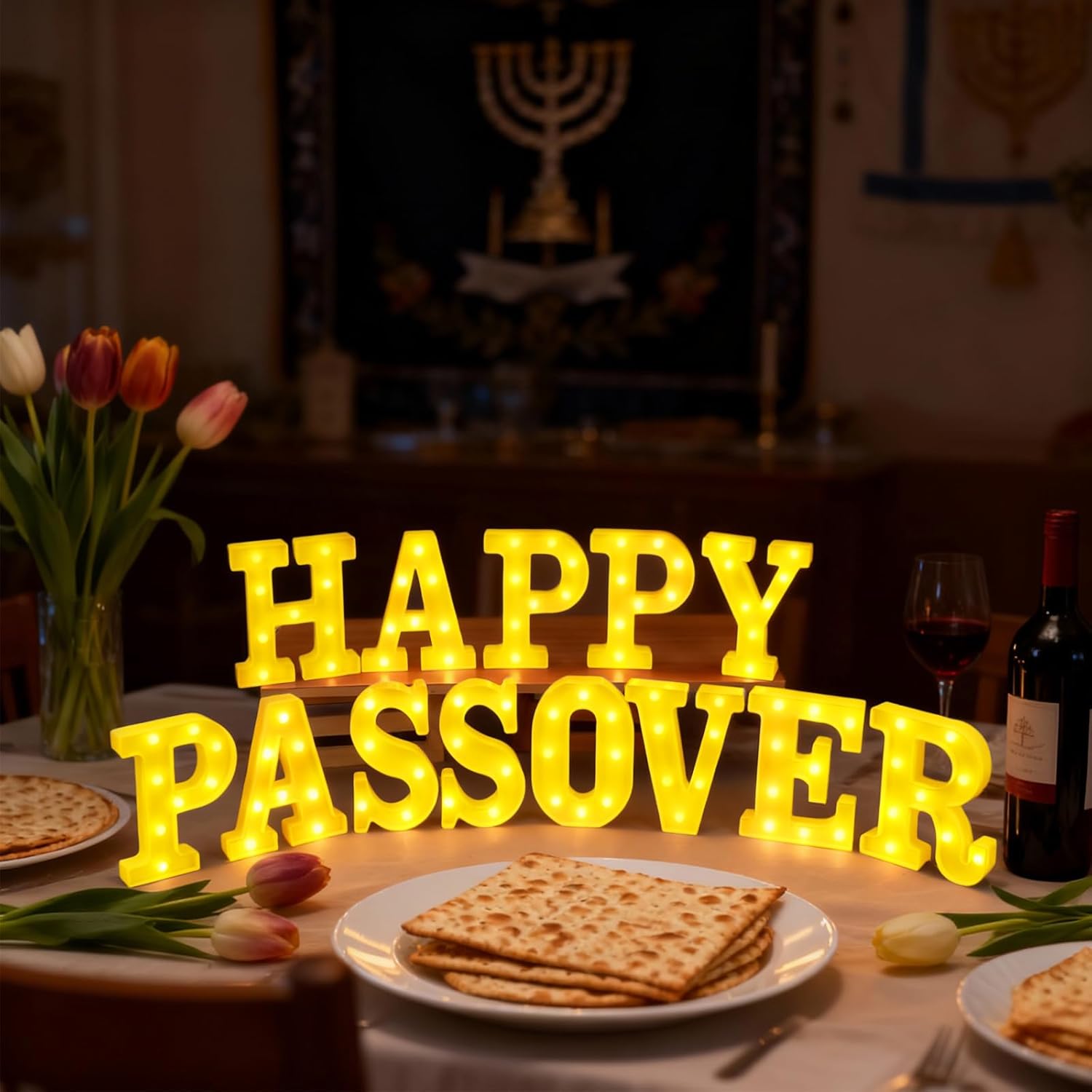 13 Pcs Happy Passover Large LED Letter Sign LED Lights Battery Powered Table Decoration for Party Gift Tabletop Decoration