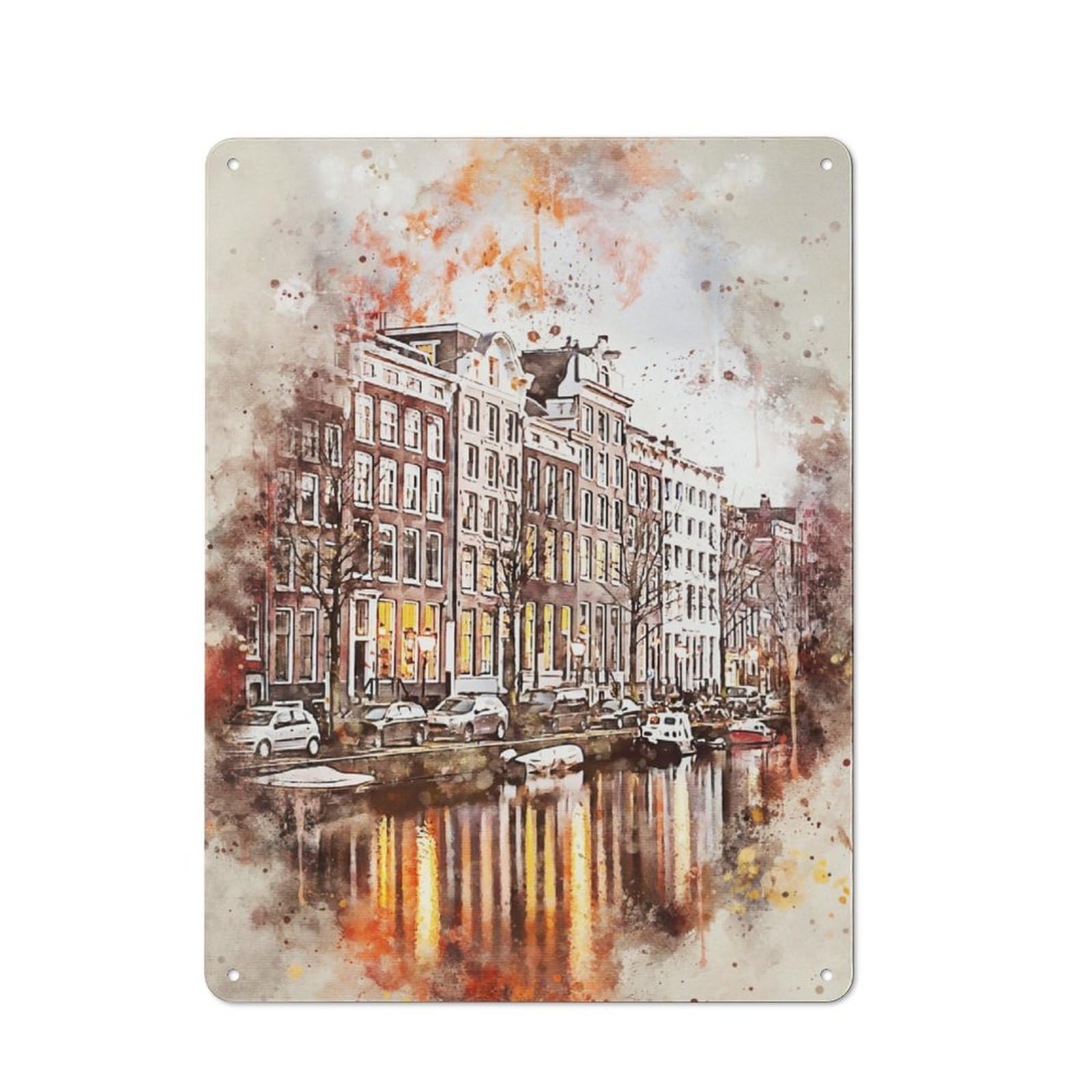 Junmoney Amsterdam In Watercolor Vintage Printed Metal Sign 40X30cm For Workshop Wall, A Decorative Gift For A Newly Furnished Workshop