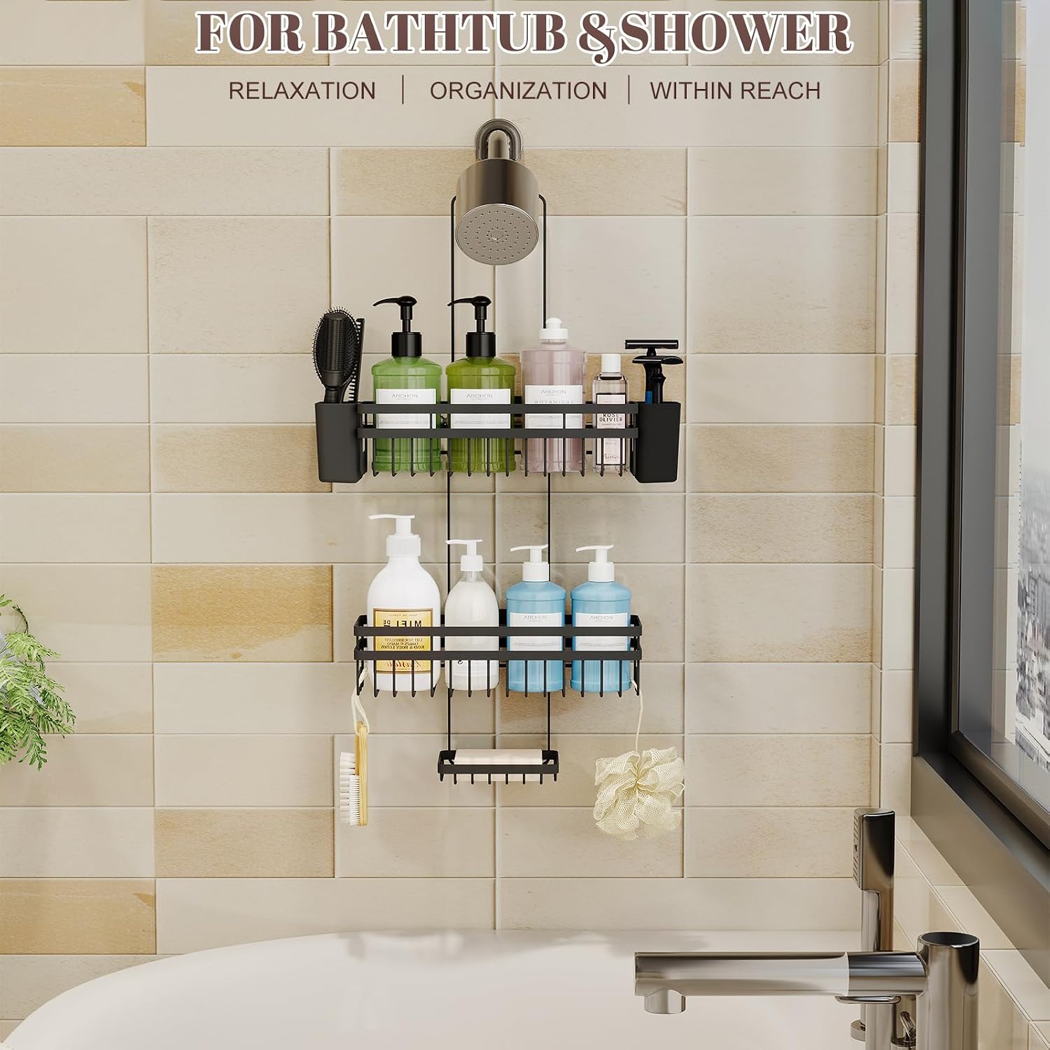 Shower Caddy Hanging for Bathroom Organizers and Storage,3 Tier Adjustable Anti-Swing Shower Organizer Hanging with Heavy-Duty Suction Cups, Damage-Free Rustproof (Black) image 5