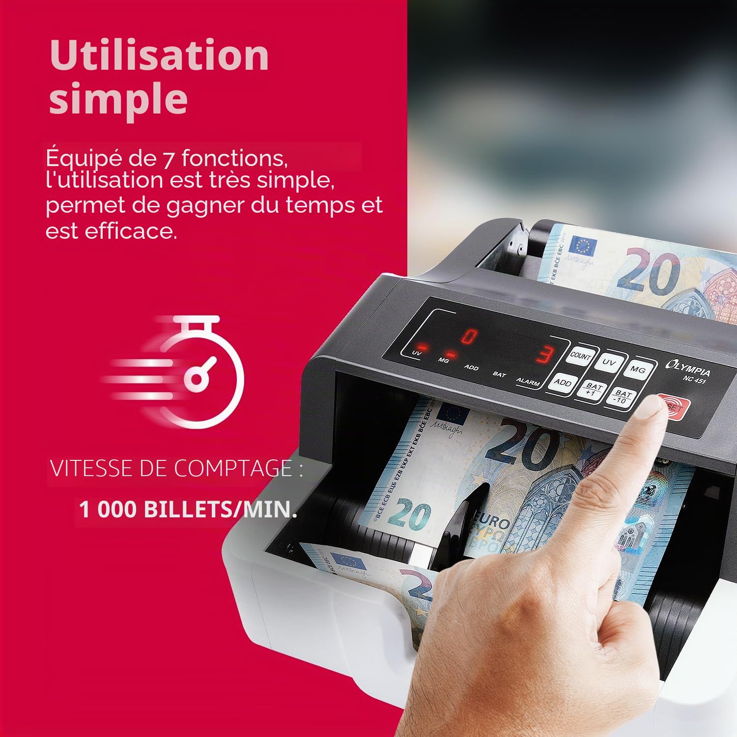 Olympia NC 451 Compteuse de billets et détecteur de faux billets pour tous les billets | Capteurs UV MG | 1000 billets/min | Fonction d'addition | Écran LED | Compteur de billets | Détecteur de