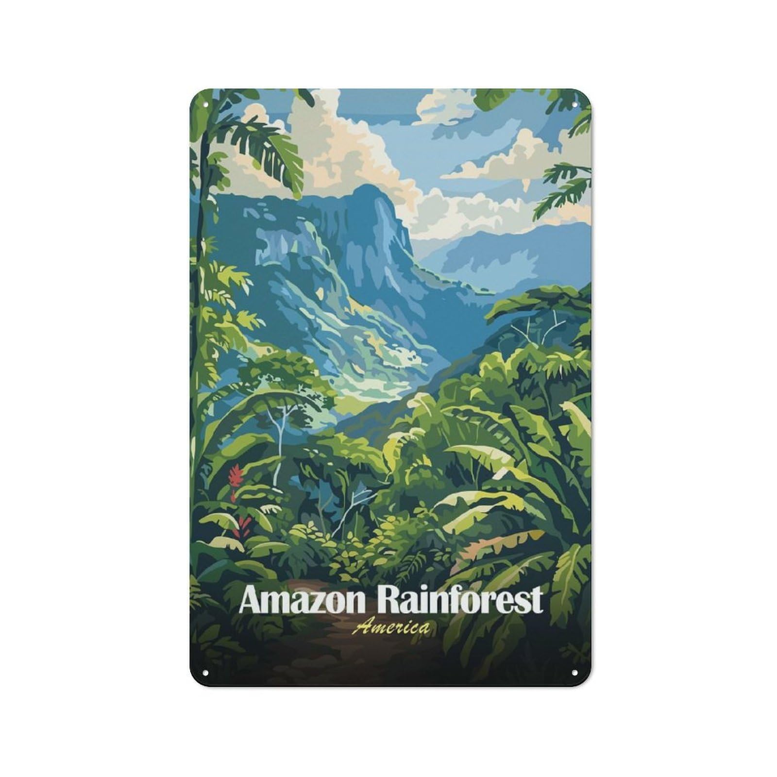 Junmoney Style-5 30X20cm Rustic Tin Sign With Amazon Rainforest Landscape Illustration For Home Office Or Studio, For Metal Sign Collectors, For Garage And Workshop Walls