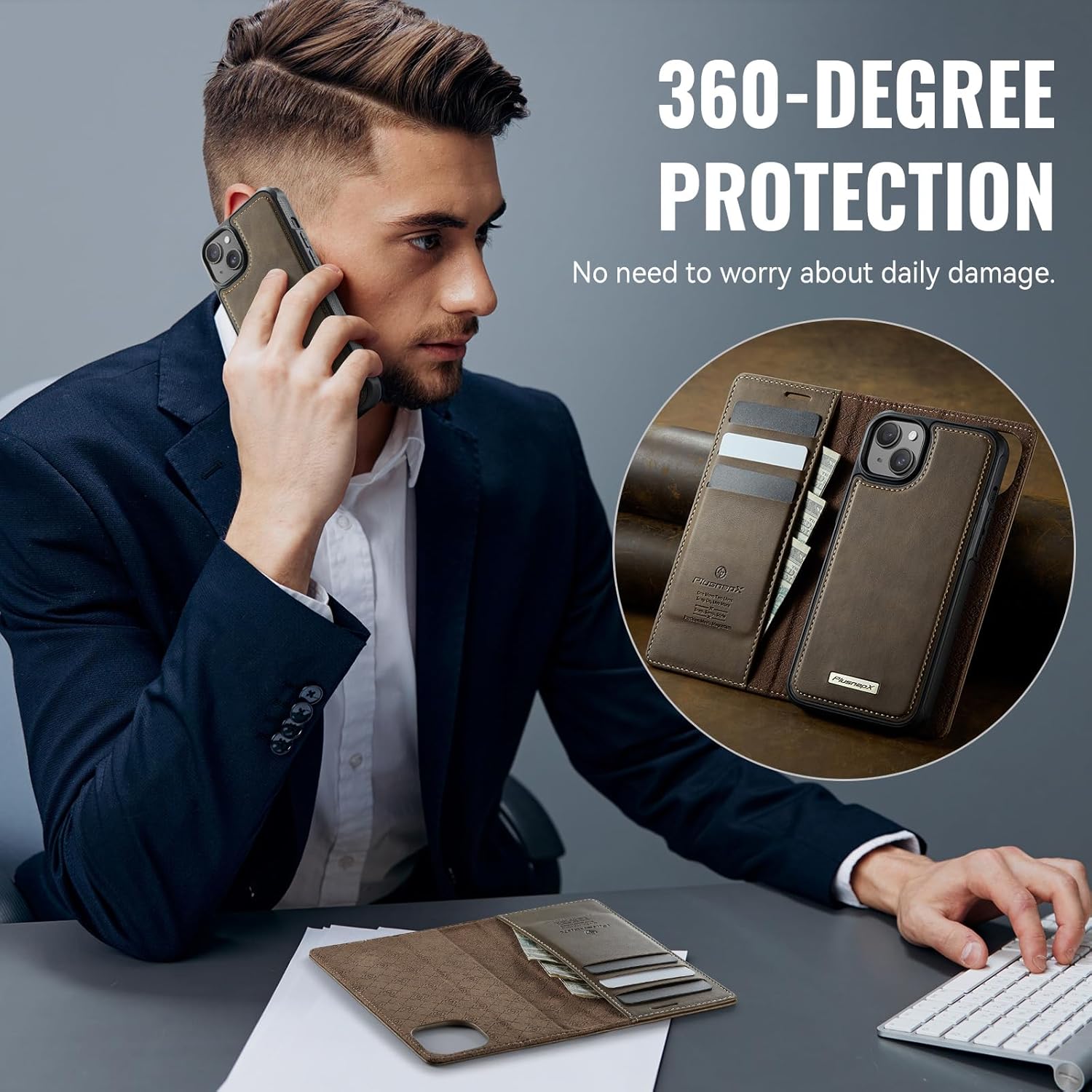 Wallet Case for iPhone 15 Compatible with Magsafe, 2-in-1 PU Leather Flip RFID Blocking Card Holder Stand Shockproof Magnetic Detachable Cover for iPhone 15 Case 6.1", Brown