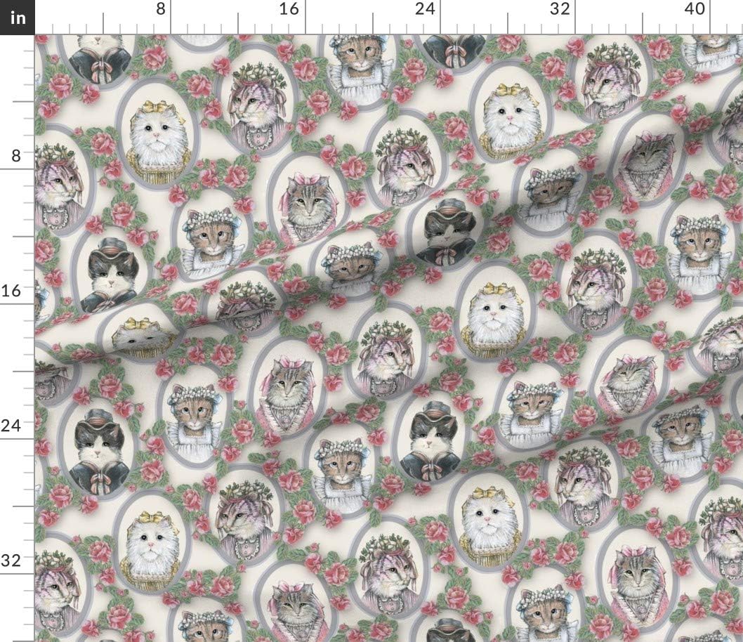 Spoonflower Fabric - Vintage Victorian Cats Roses Cute Cat White Printed on Petal Signature Cotton Fabric Fat Quarter - Sewing Quilting Apparel Crafts Decor