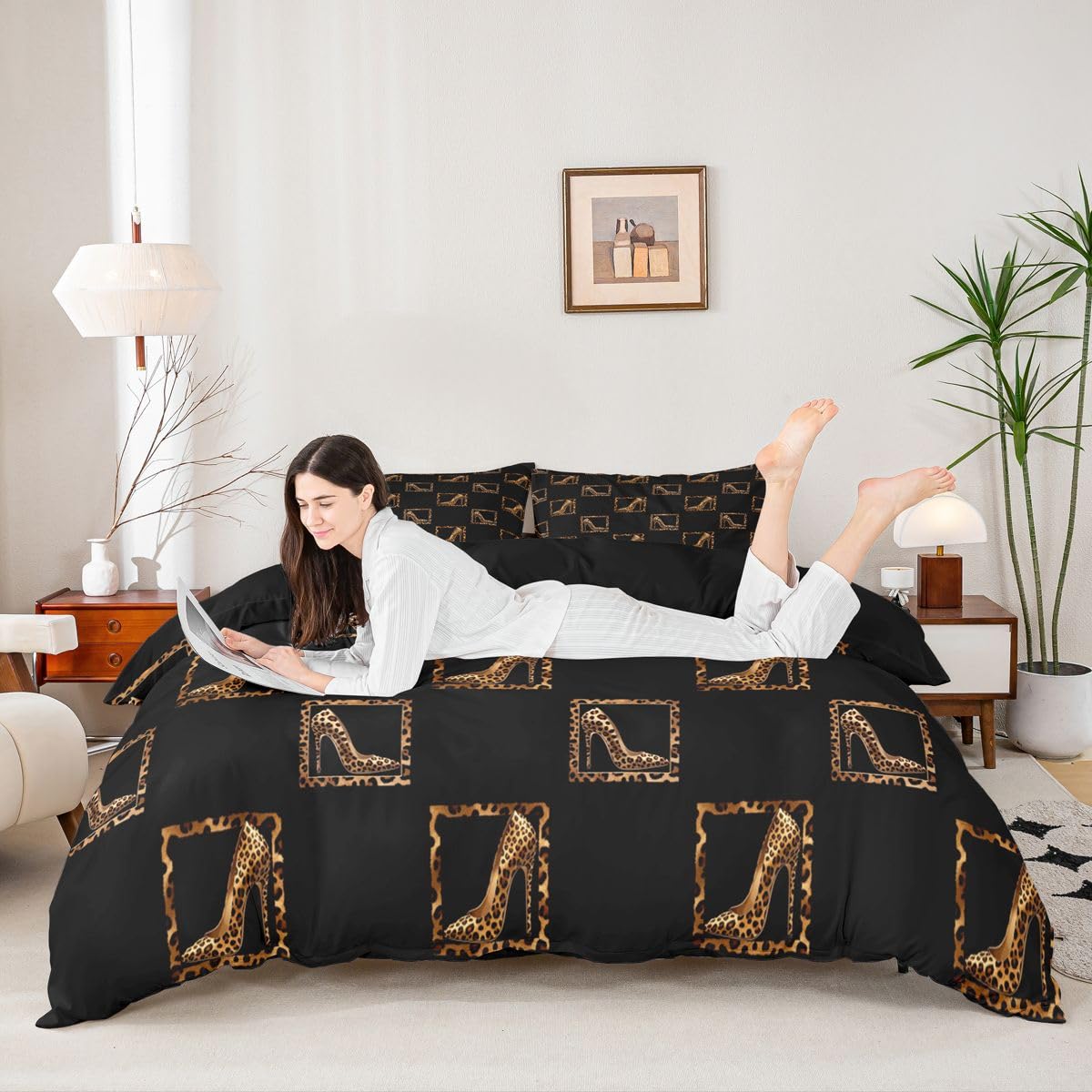 Homewish Leopard Print Super King poszewka na kołdrę nowoczesny nadruk zwierzęcy zestaw pościeli dla dorosłych nastolatków kobiet luksusowe urocze wysokie obcasy poszewka na kołdrę geometryczna siatka