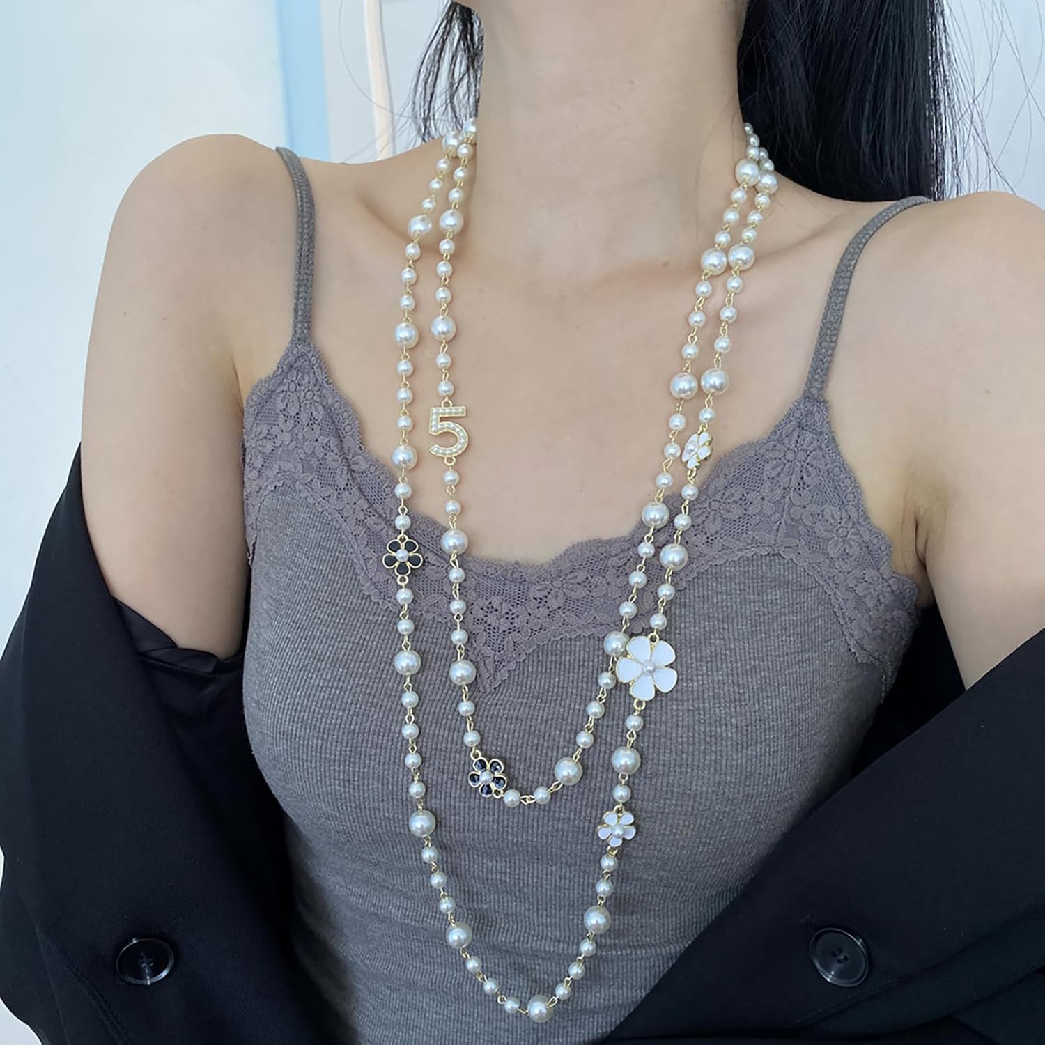 Imitation Pearl Neckalce Camellia Flower Number 5 Long Layered Charm,Long Layered Charm Sweater Neckalce for Women - Image 3