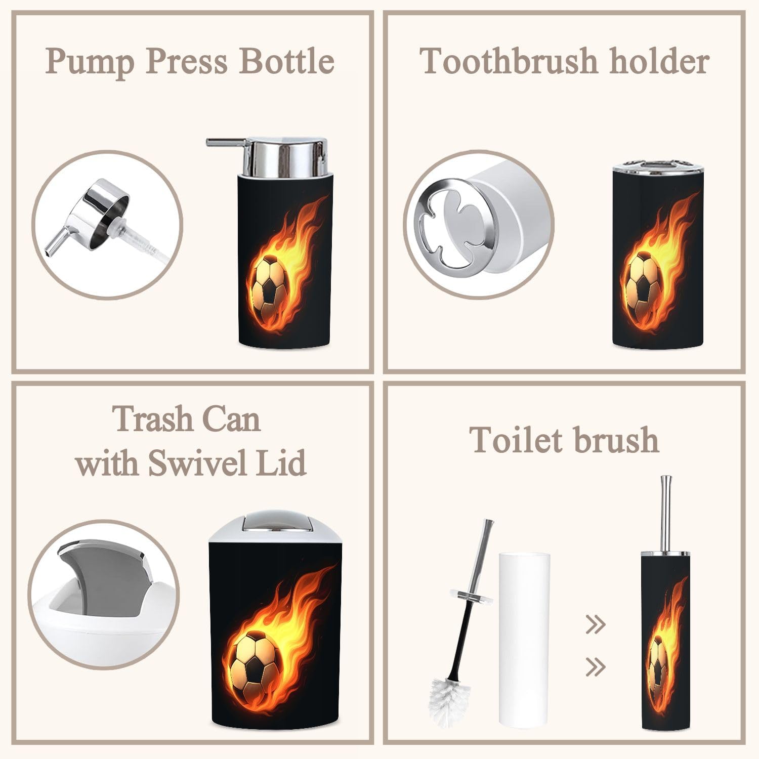 6 Piece Bathroom Accessories Set Raster Version Soccer Ball Fire Black Trash can Toilet Brush Holder Toothbrush Holder Toothbrush Cup Soap Dispenser Soap Dish Boho