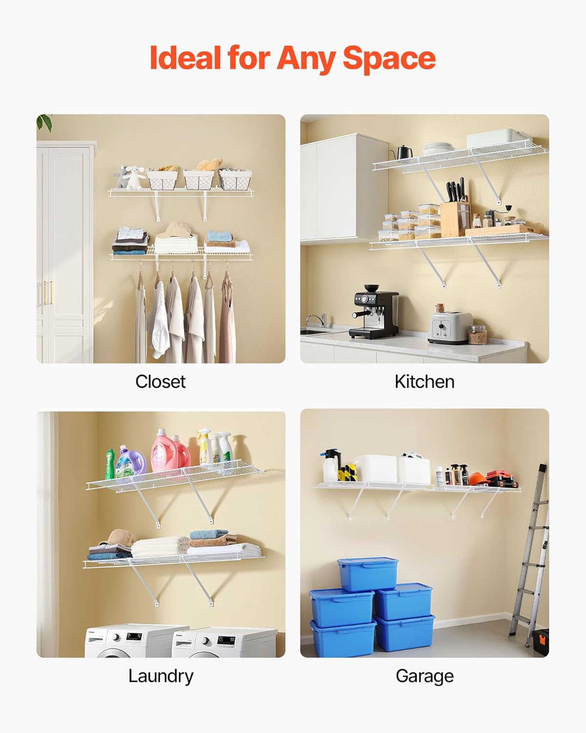 VEVOR Wire Shelf Kit, 4 ft, Set of 2, Wall Mounted Wire Shelves, Heavy-Duty Carbon Steel Hanging Shelf, Floating Wall Storage Shelves with Dip Coating, for Closet, Bedroom, Living Room, Office, Pantry