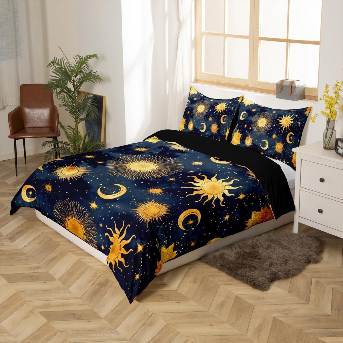 The Sun and Moon Bedding Set Queen Exotic Zodiac Comforter Cover for Kids Child,Constellation Duvet Cover Mandala Stars Starry Sky Bed Sets Tribal Nordic Boho Floral Bohemian Bedroom Decor