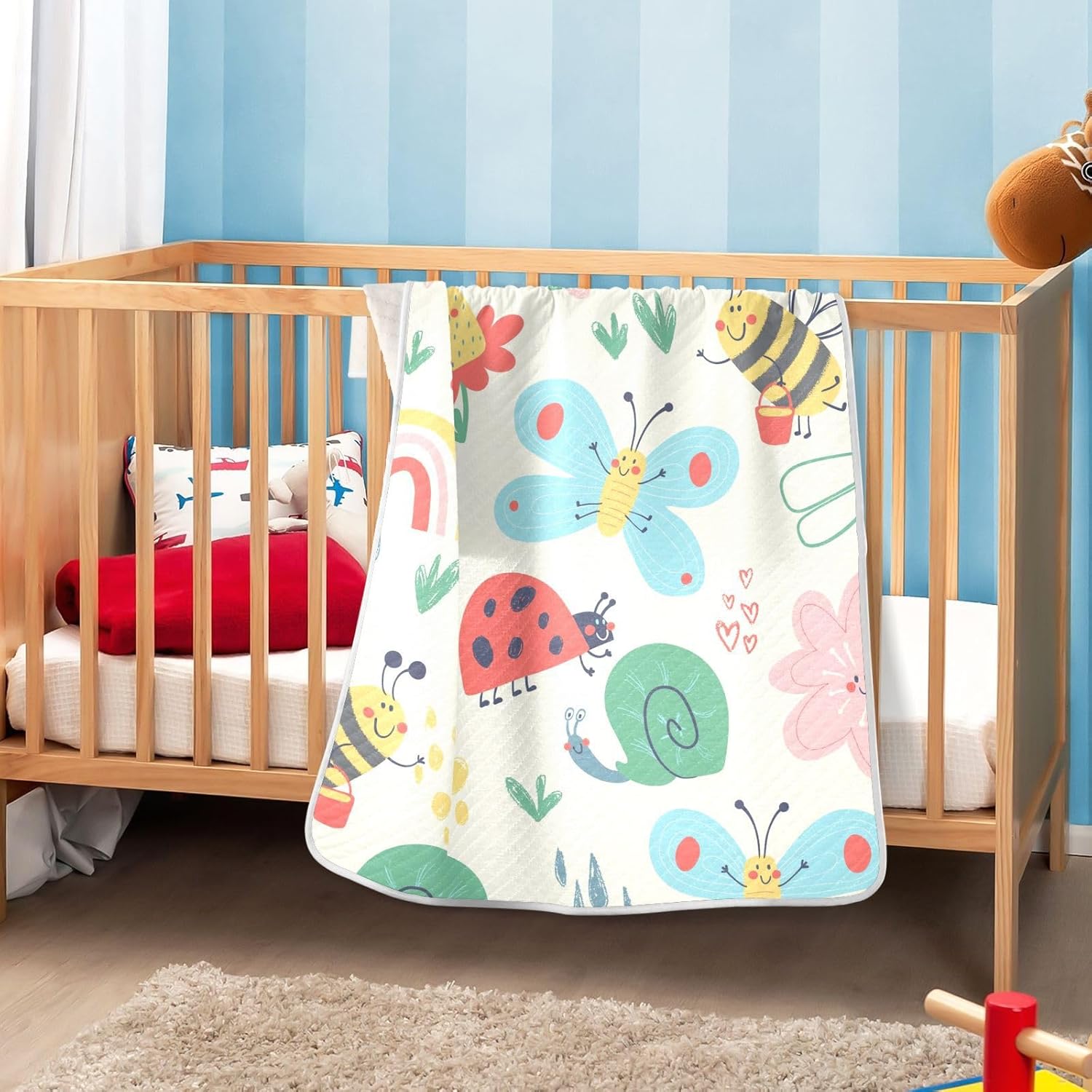 ZZKKO Happy Bugs Bees Butterflies Snails Baby Blankets for Boys Girls Toddler Swaddle Blankets for Kids Crib Stroller，Receiving Cotton Baby Blankets 30x40 inchs