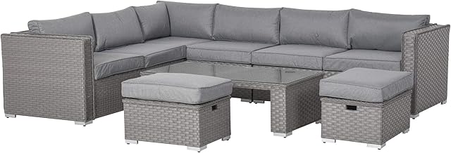 Outsunny 6 PCs PE Rattan Wicker Corner Sofa Set, Outdoor Aluminum Conservatory Furniture Lawn Patio Coffee Table Footstool w/Cushion - Grey