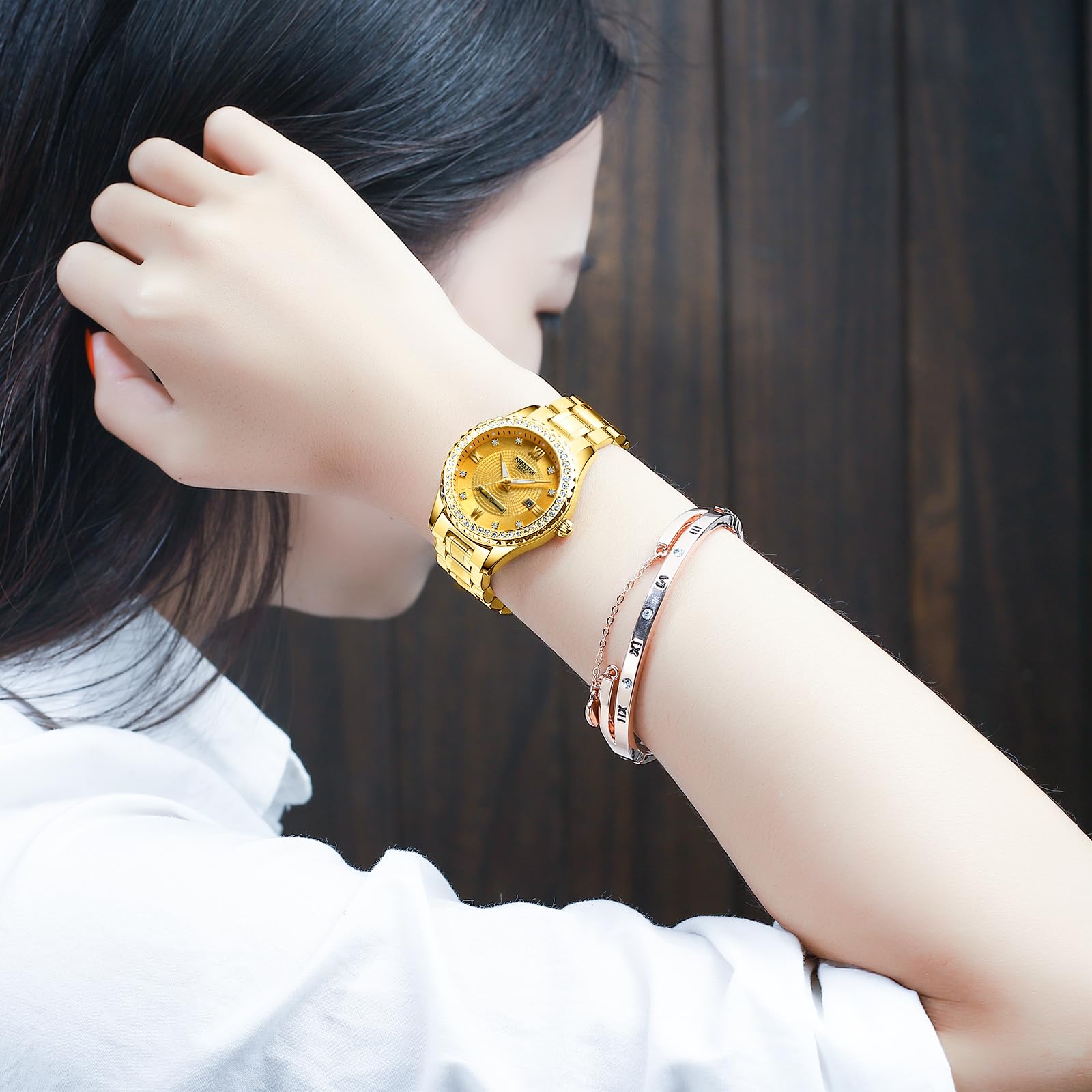 NIBOSI Reloj analógico de Cuarzo para Mujer, Esfera de Oro Rosa, Reloj de Pulsera de Lujo Impermeable con Diamantes de Acero Inoxidable para Mujer, Fecha automática
