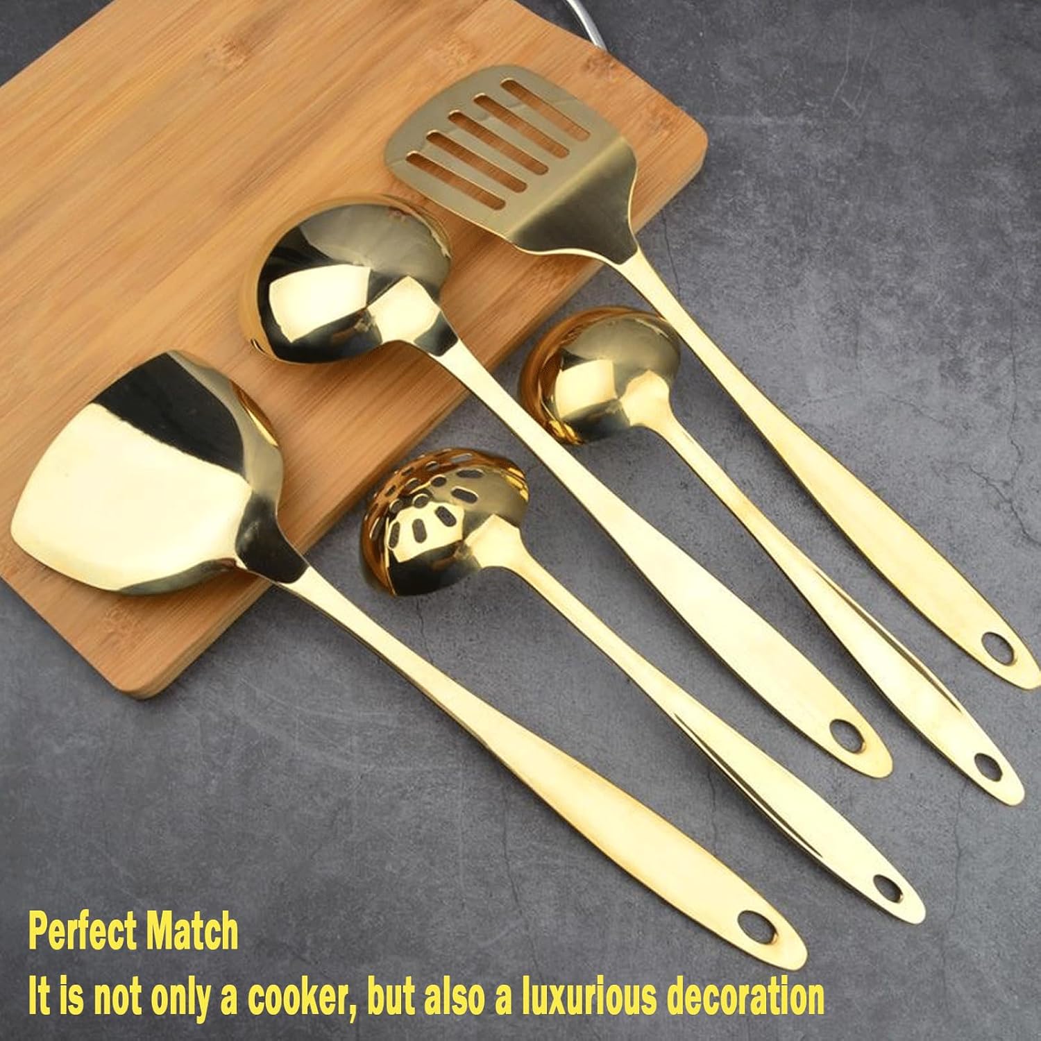 5-Piece Pure Copper Kitchen Cooking Utensils Set, Stylish Copper Kitchen Accessories, Cookware Set for Home or Restaurant Cooking (Brass)
