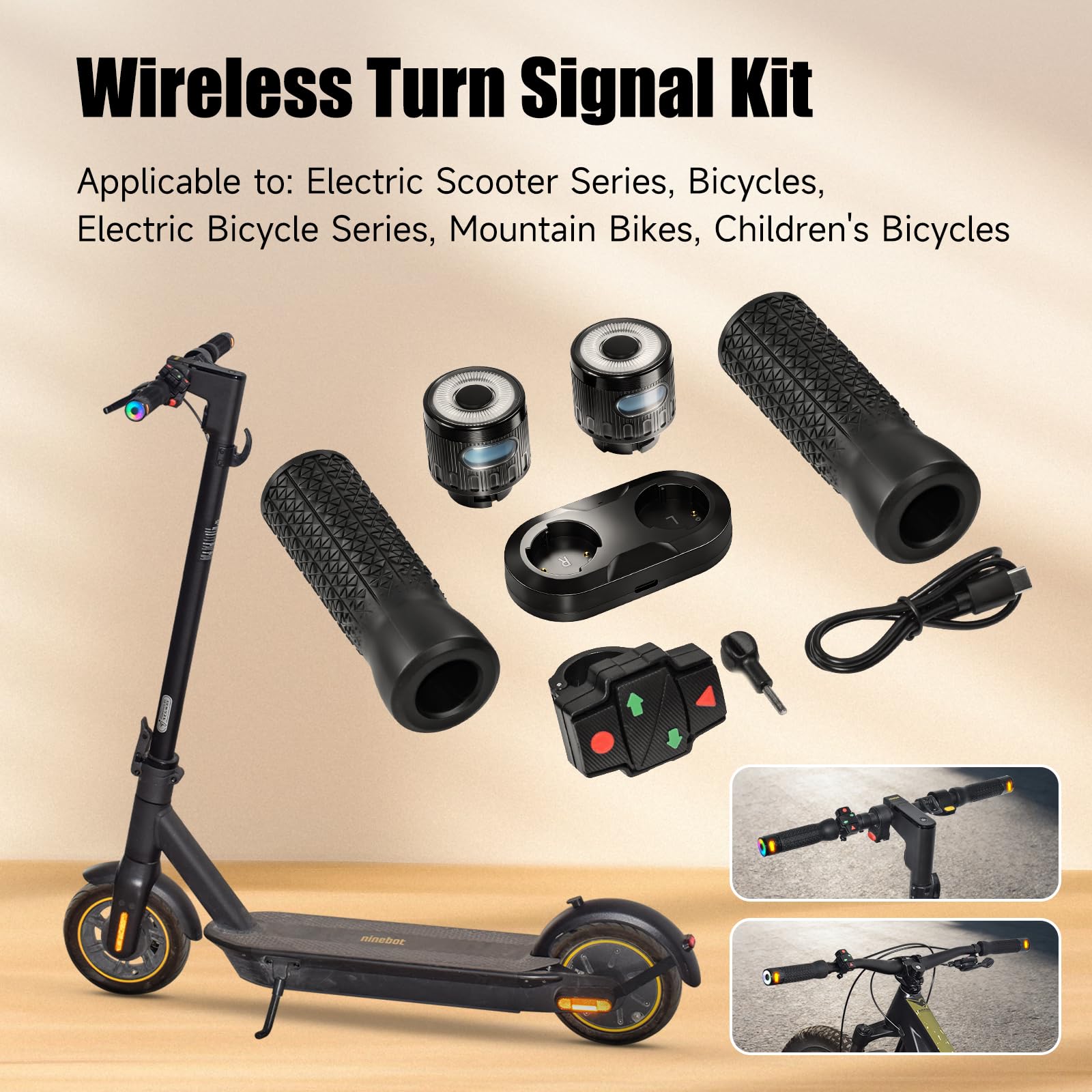 Kit di manopole per manubrio con lampeggianti senza fili per scooter elettrici 2,2 cm / 0,86" Diametro maniglie con telecomando e caricatore accessori