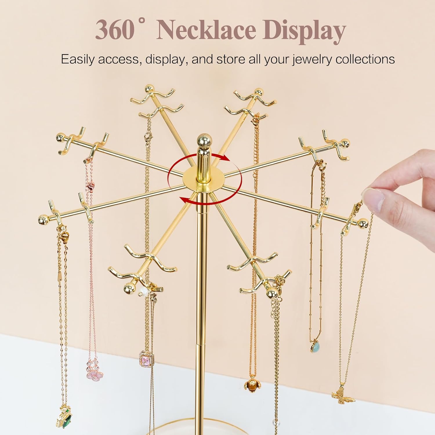 Necklace Holder Jewelry Stand, Rotating Necklace Holder Organizer with 32 Hooks, Metal Spinning Jewelry Display Stand for Long Necklace Earring Bracelet Keychain Tree Stand for Women Gold - Image 5