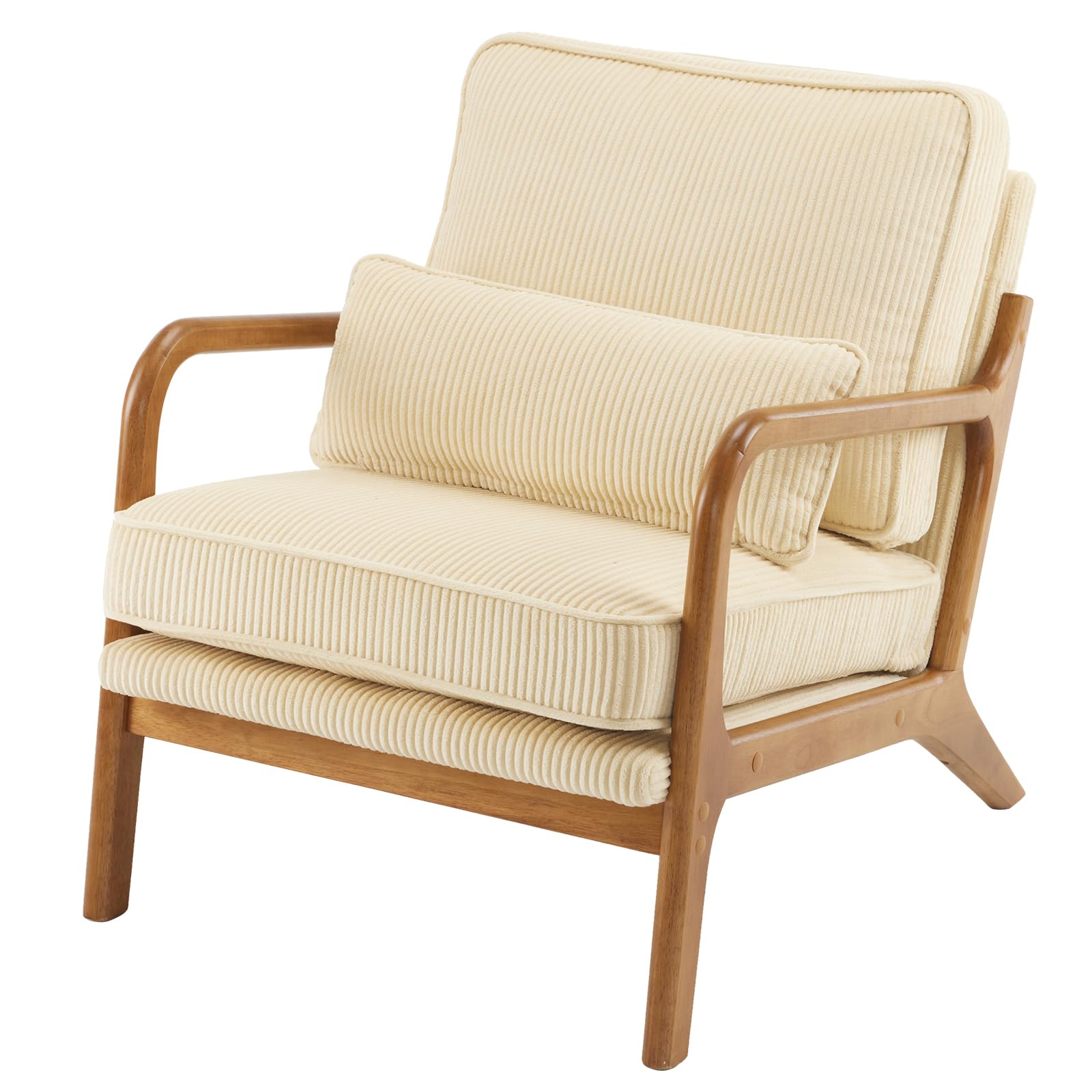 VINGLI Arm Chairs,Mid Century Modern Accent Chairs with Solid Wood Frame,Comfy Upholstered Armchair with Lumbar Pillow,Chairs for Living Room,Bedroom,Small Spaces,Corduroy (Dark Beige)