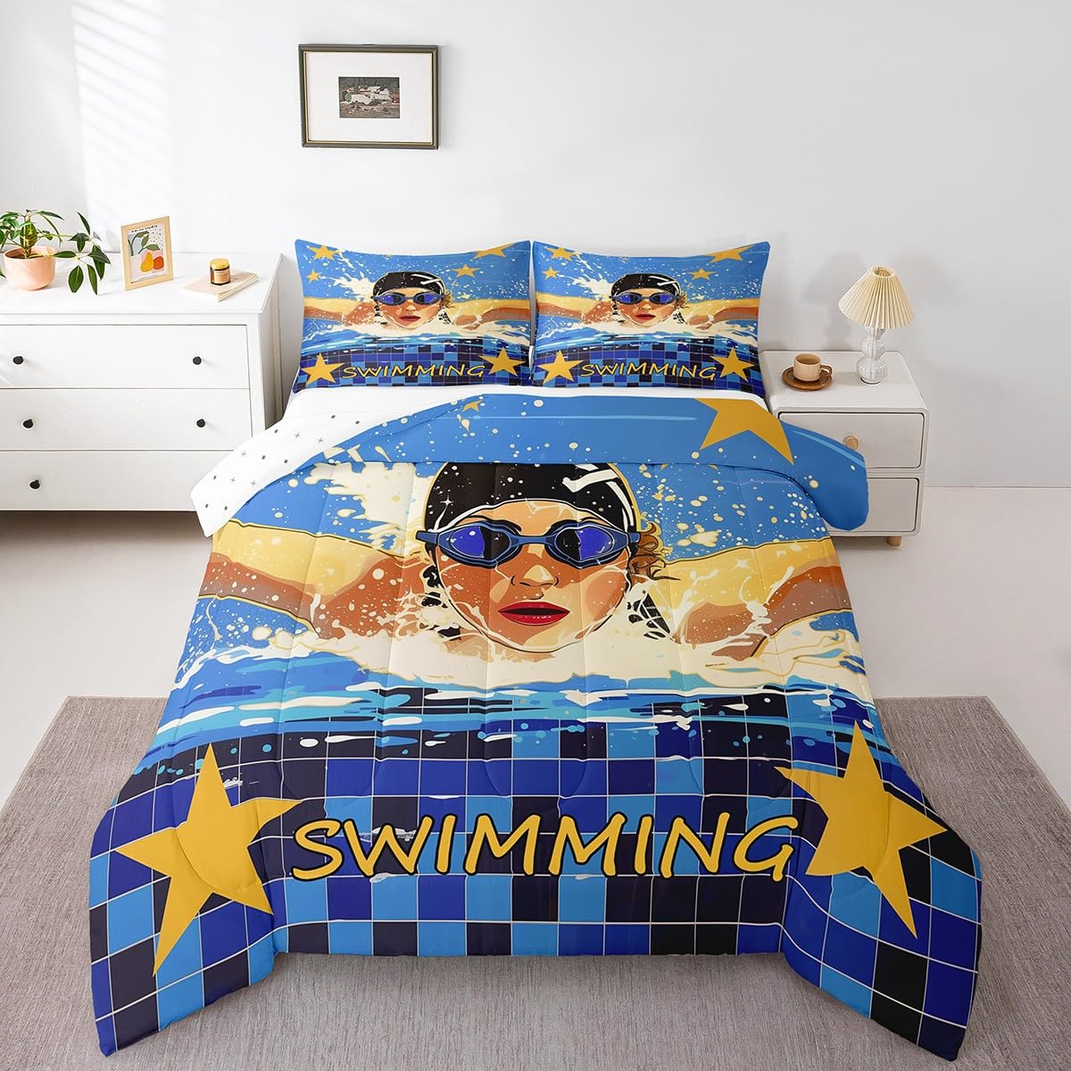 Castle Fairy Swimming Competition Comforter Set Toddler Size Modern Sports Theme Bedding Set Kids Boys Girls Swimmer Gift All Season Quilt Set Geometric Stars Print Bedding Comforter Sets,2Pcs