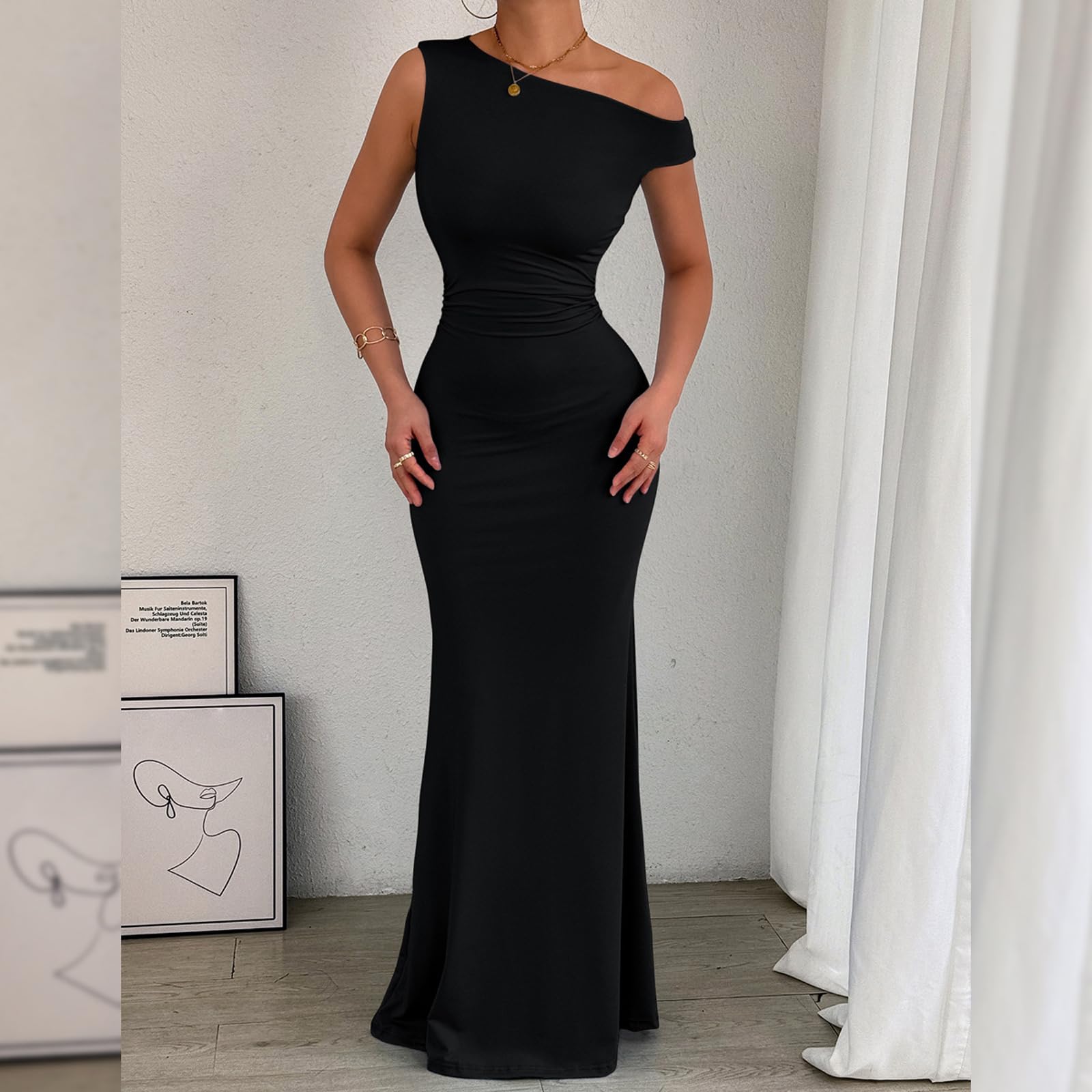 Robe Femme Sexy sans Manches Une Épaule Robes Longue Moulante Elégant Bodycon Maxi Robe de Soirée D'éte Décontracté Plissée Couleur Unie Wrap Robes pour Clubbing Cocktail Prom Fête