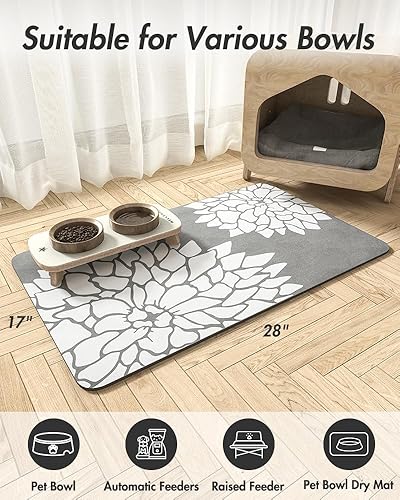 Miniatura 7 de MontVoo -Tapete de alimentación de mascotas, tapete absorbente de comida floral para gatos y perros, tapete para comida y agua, tapete dispensador